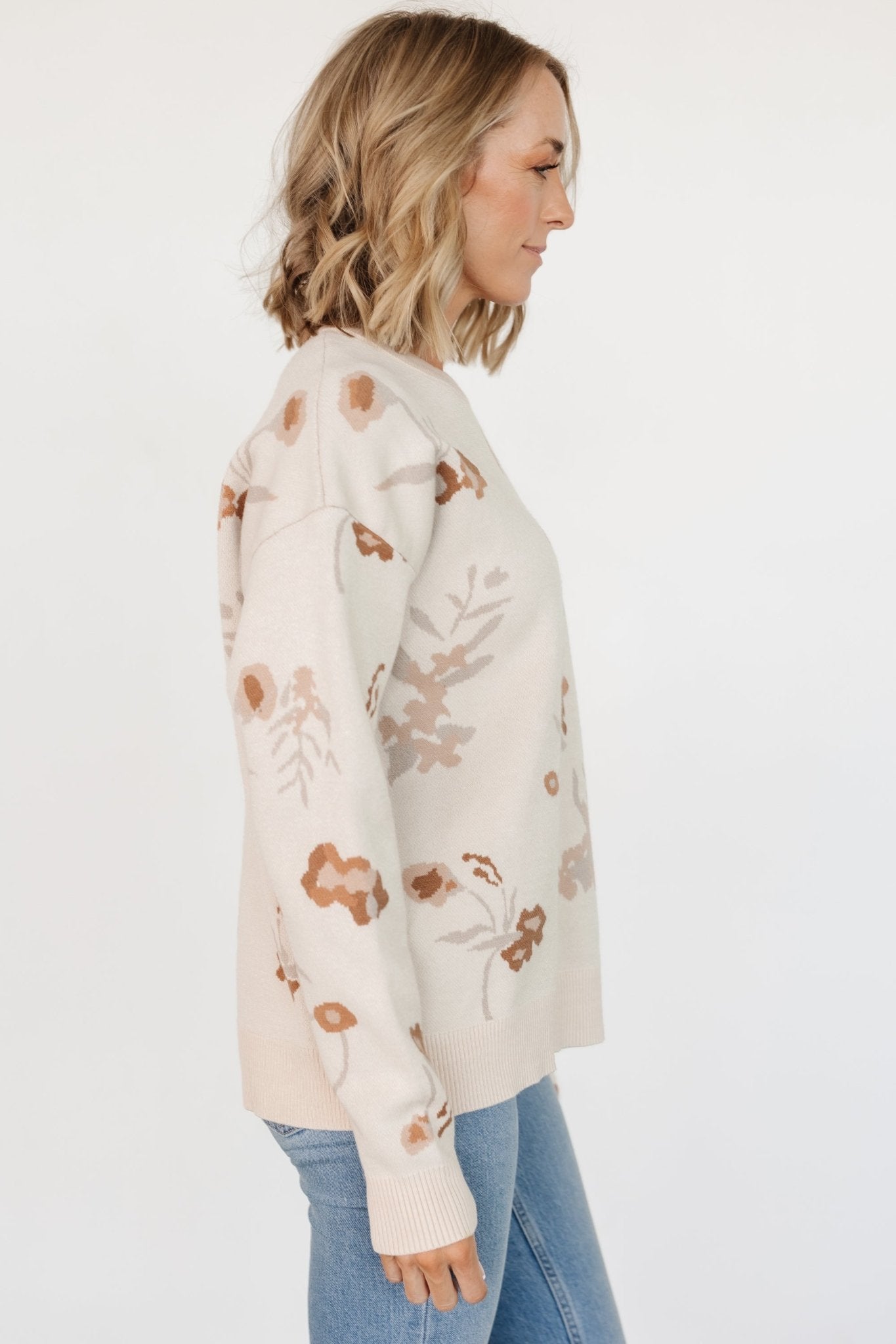 Floral Print Knit Sweater - Natural Cream Women's Pullover