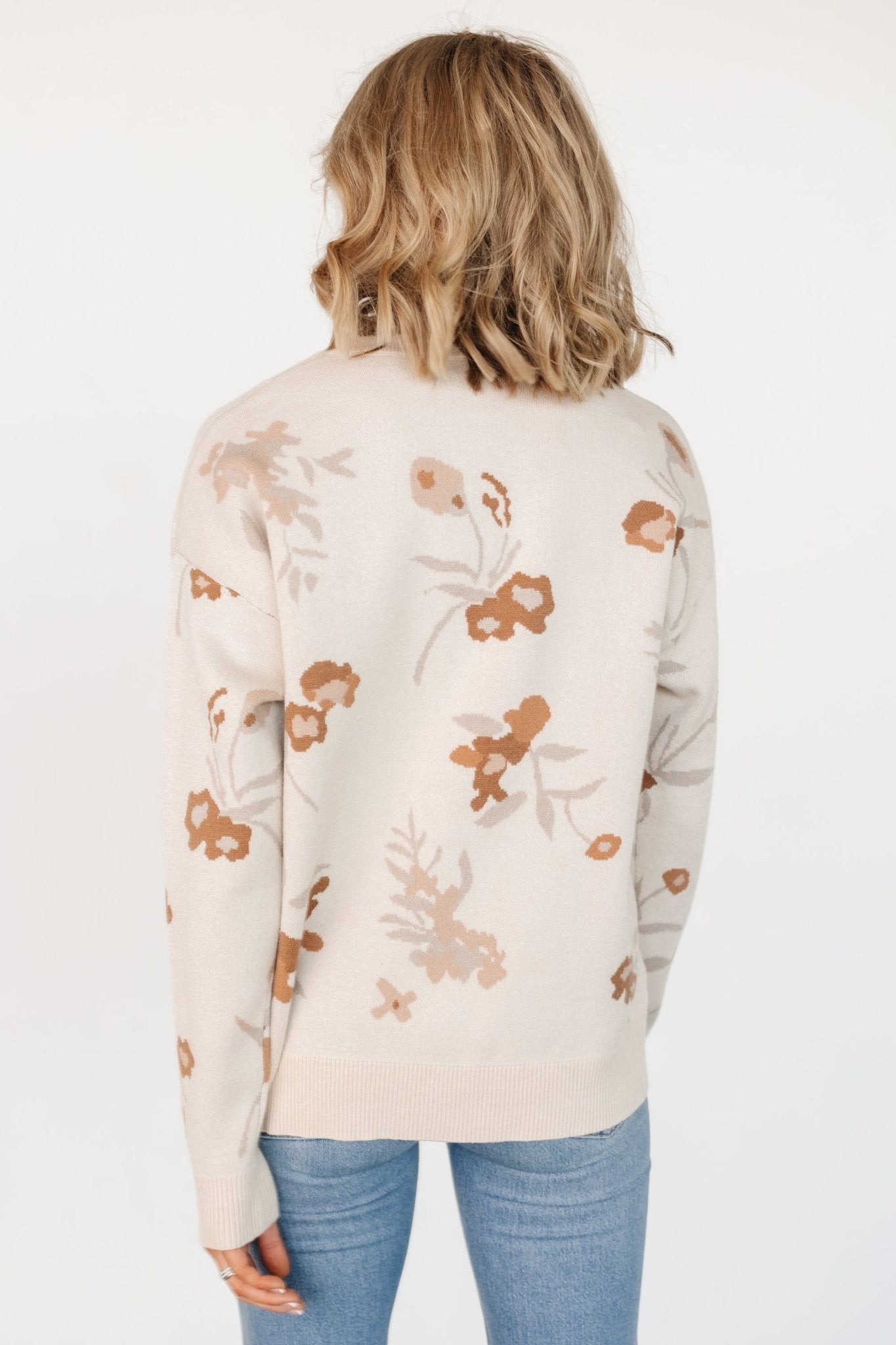 Floral Print Knit Sweater - Natural Cream Women's Pullover