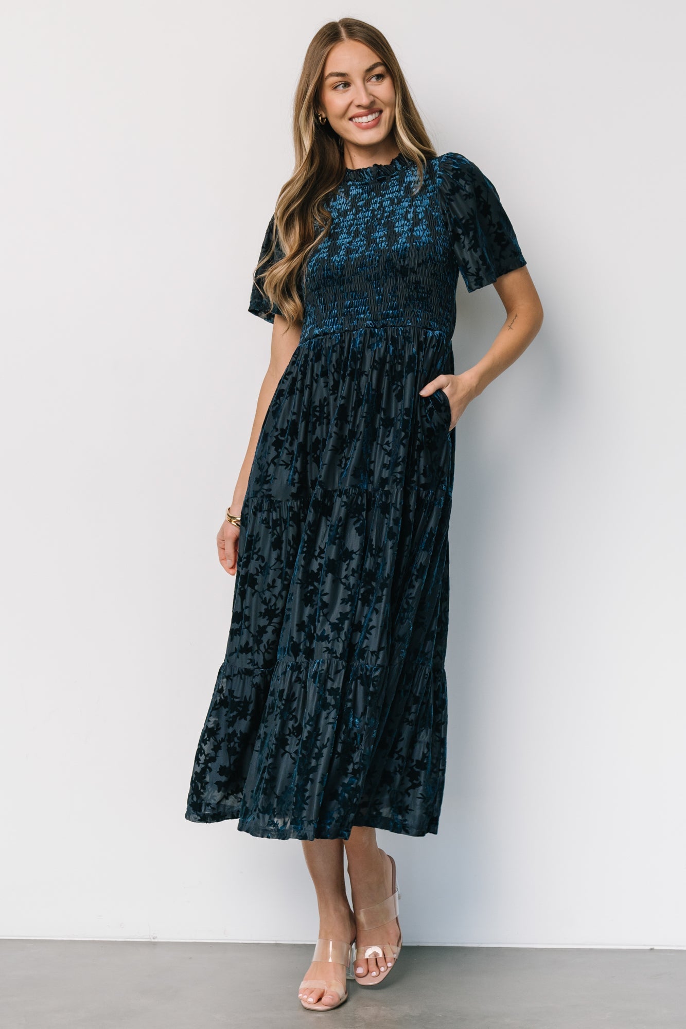 Callen Deep Blue Velvet Smocked Dress with Pockets