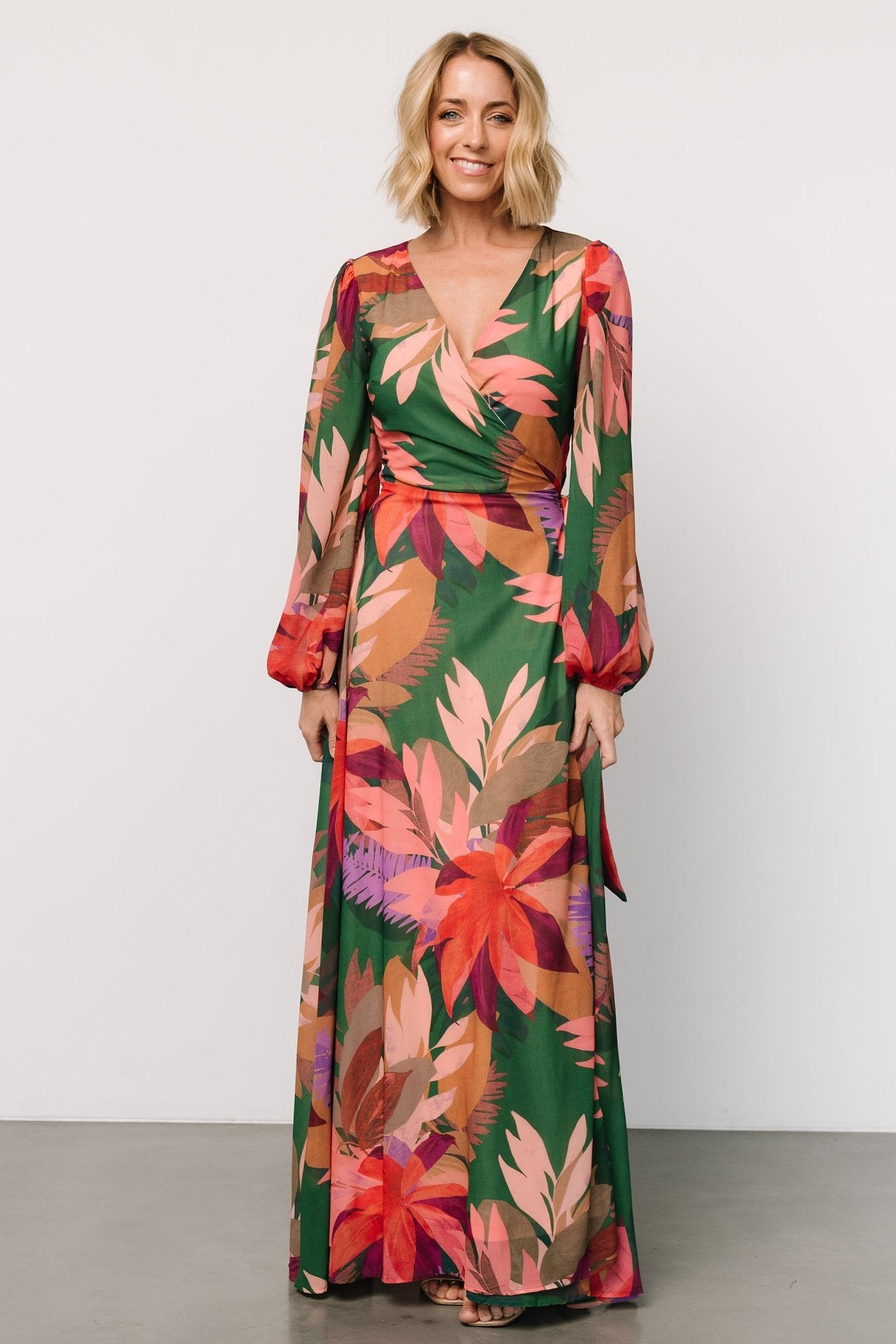 Women's Green Floral Wrap Maxi Dress with Long Sleeves