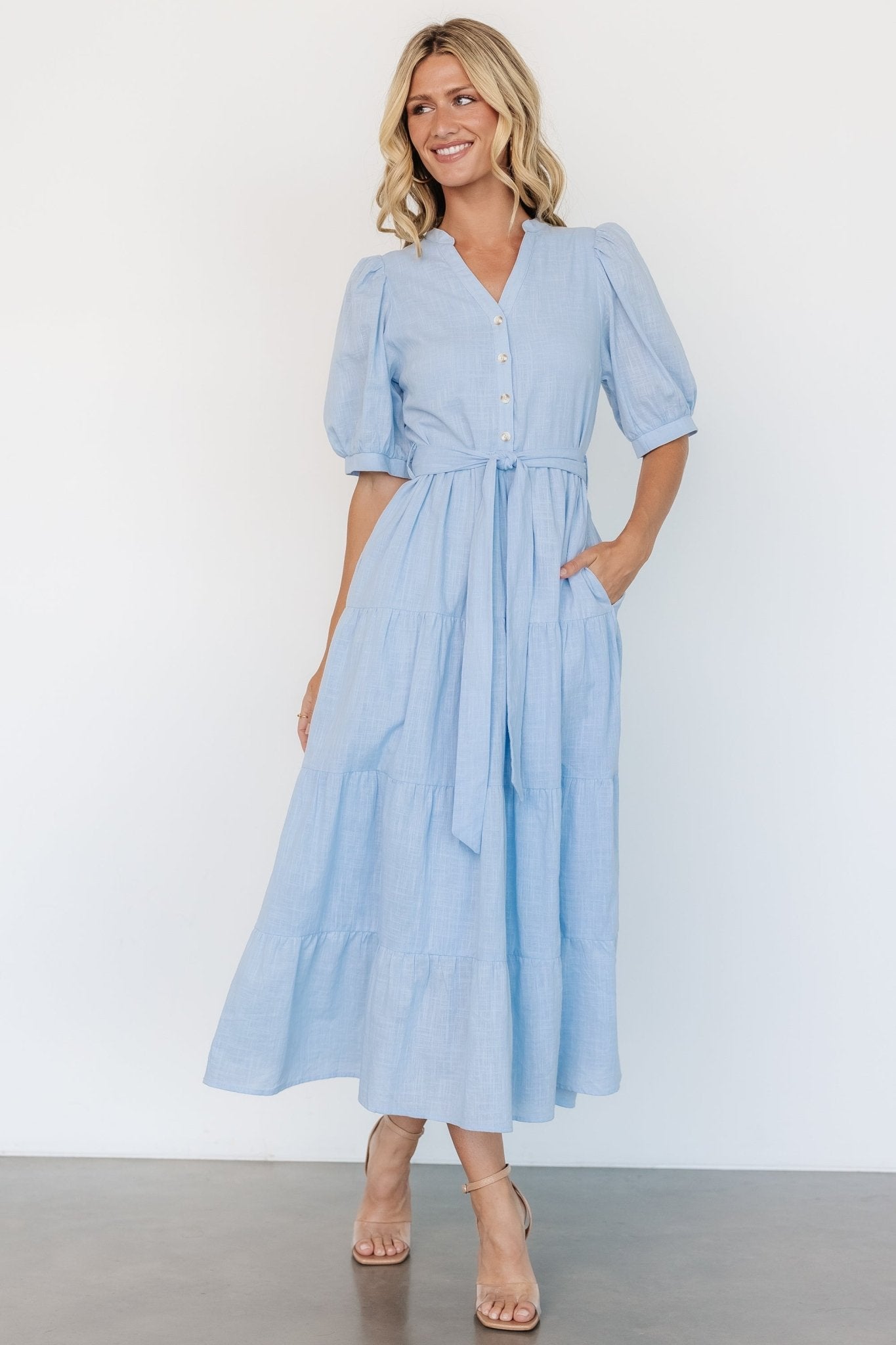 Light Blue Camille Maxi Dress with Pockets & Removable Sash