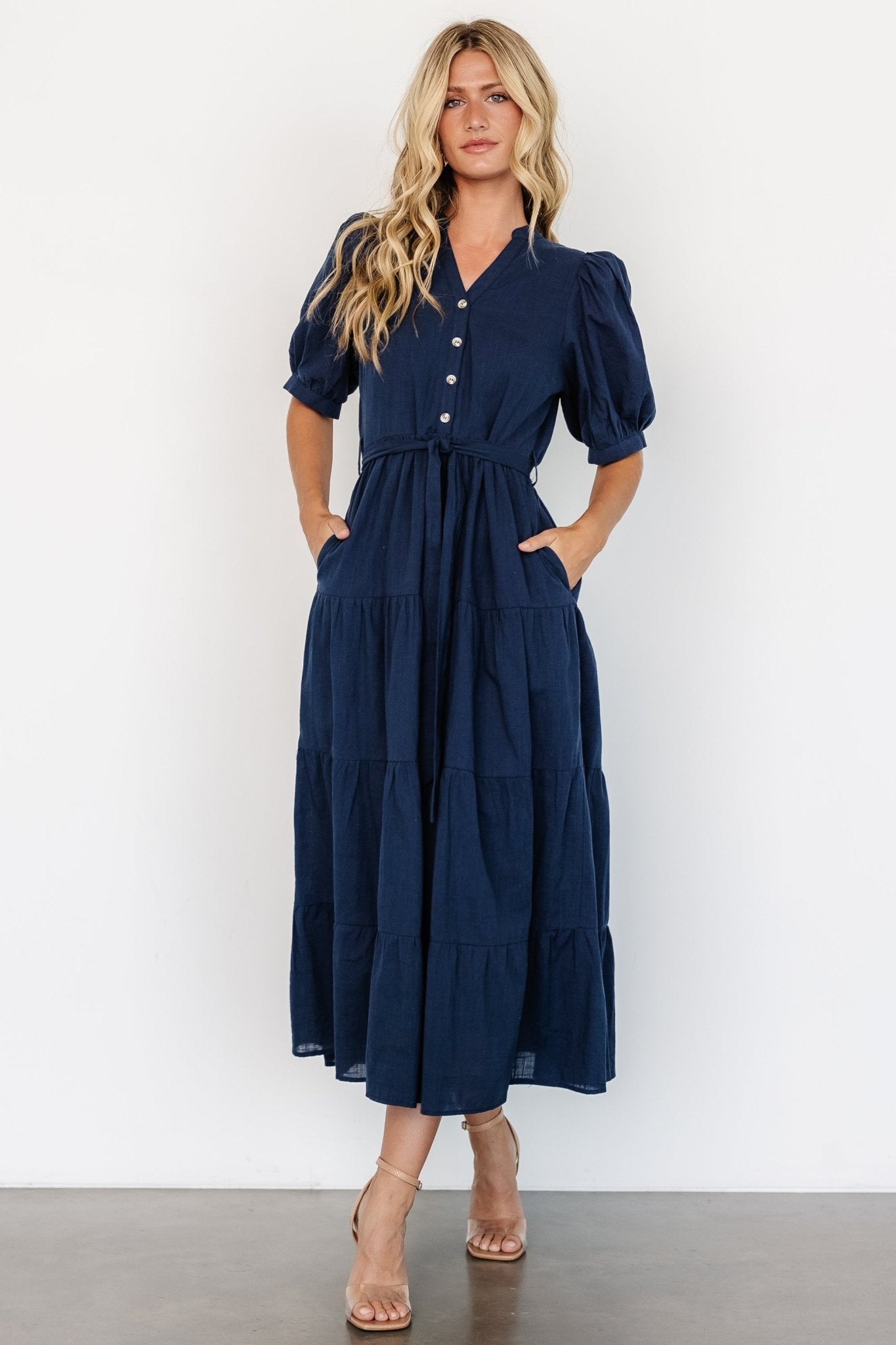 Navy Blue Cotton Camille Maxi Dress with Pockets & Sash