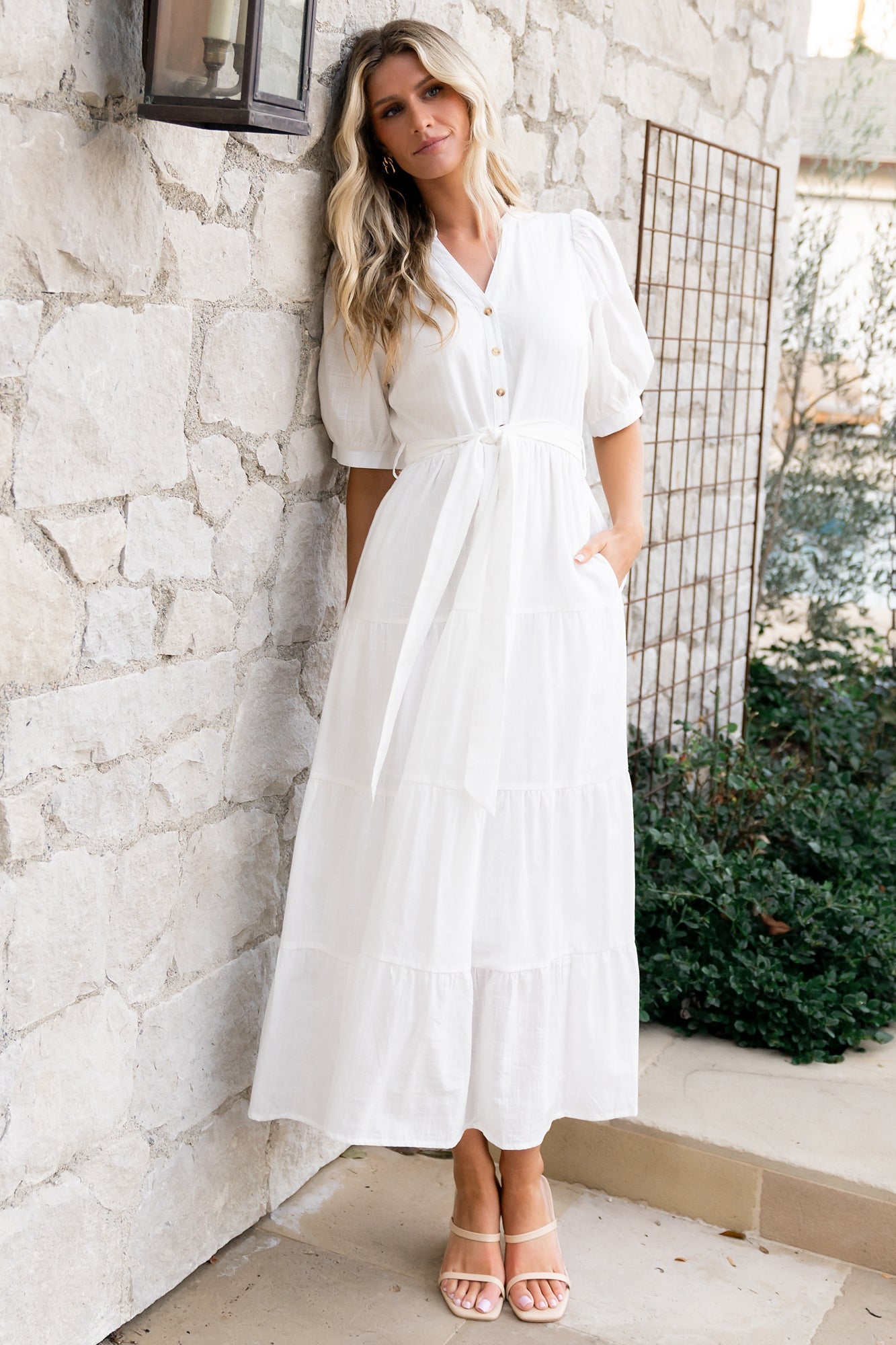 Off White Cotton Camille Maxi Dress with Pockets & Sash