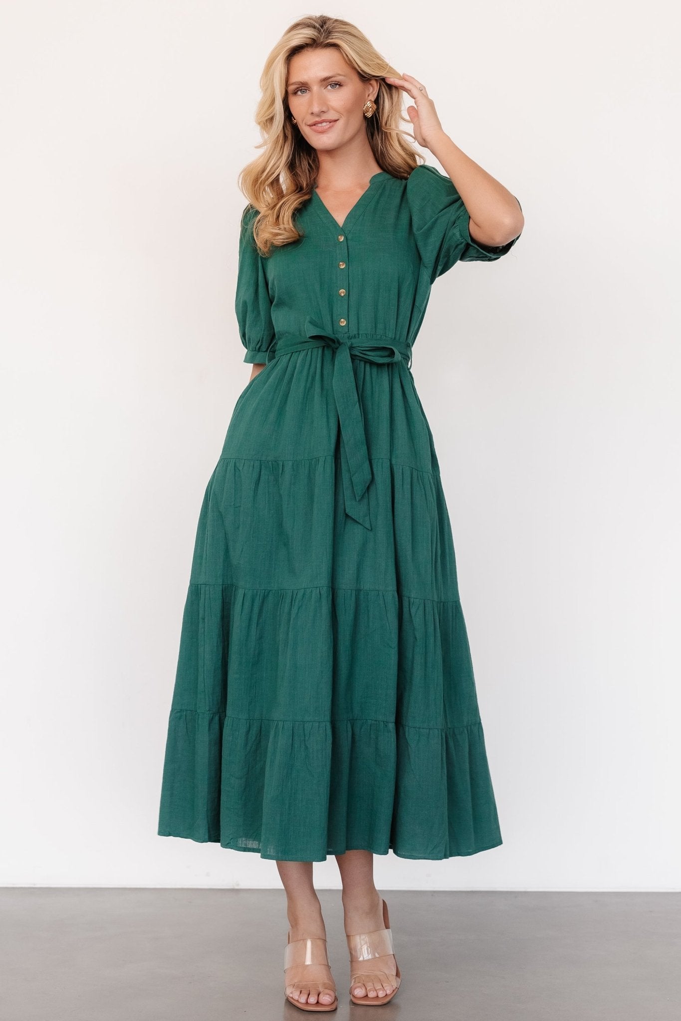 Vintage Green Cotton Maxi Dress with Pockets & Sash
