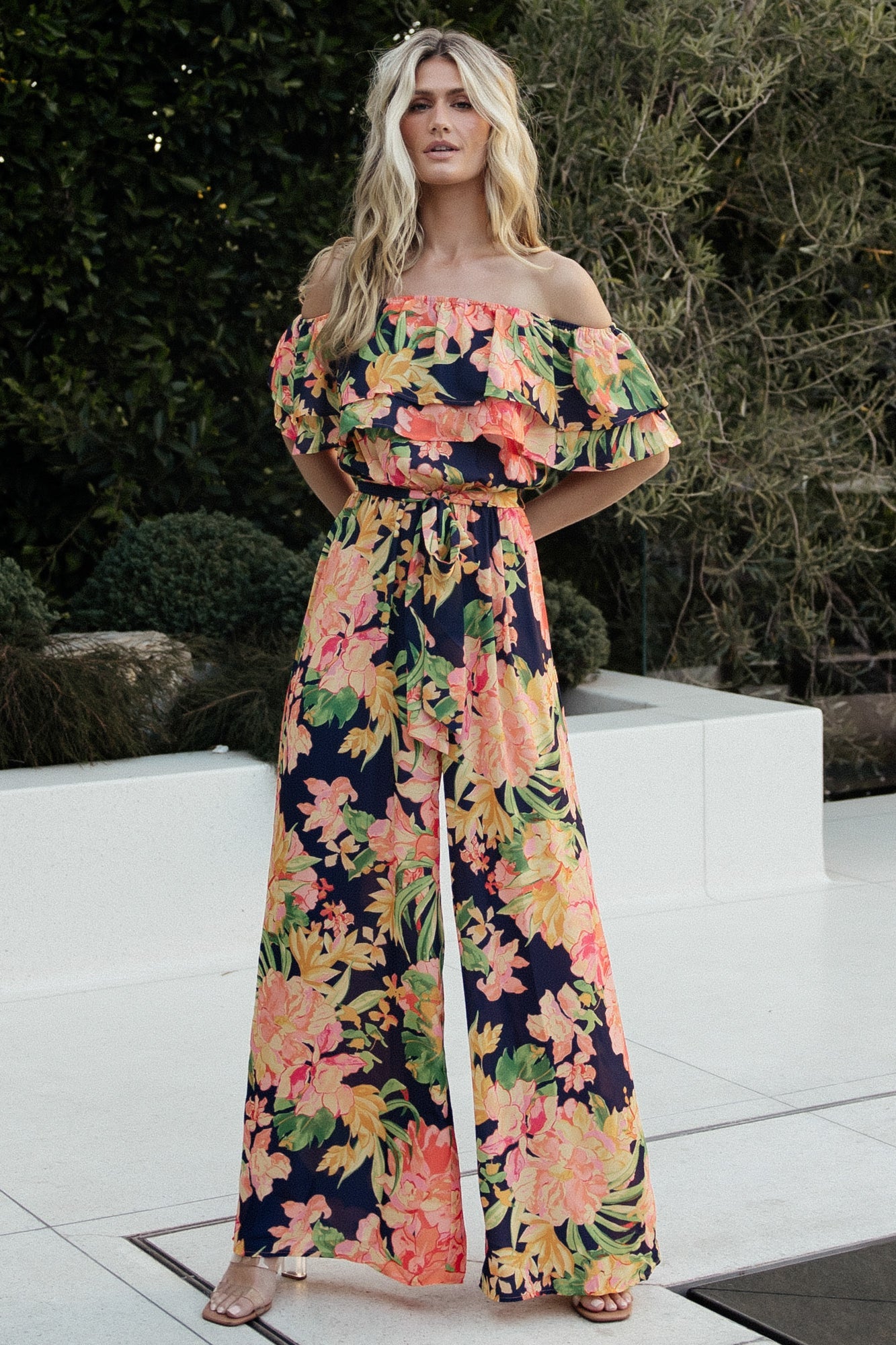 Navy Floral Off-Shoulder Jumpsuit | Baltic Born Ruffle Dress