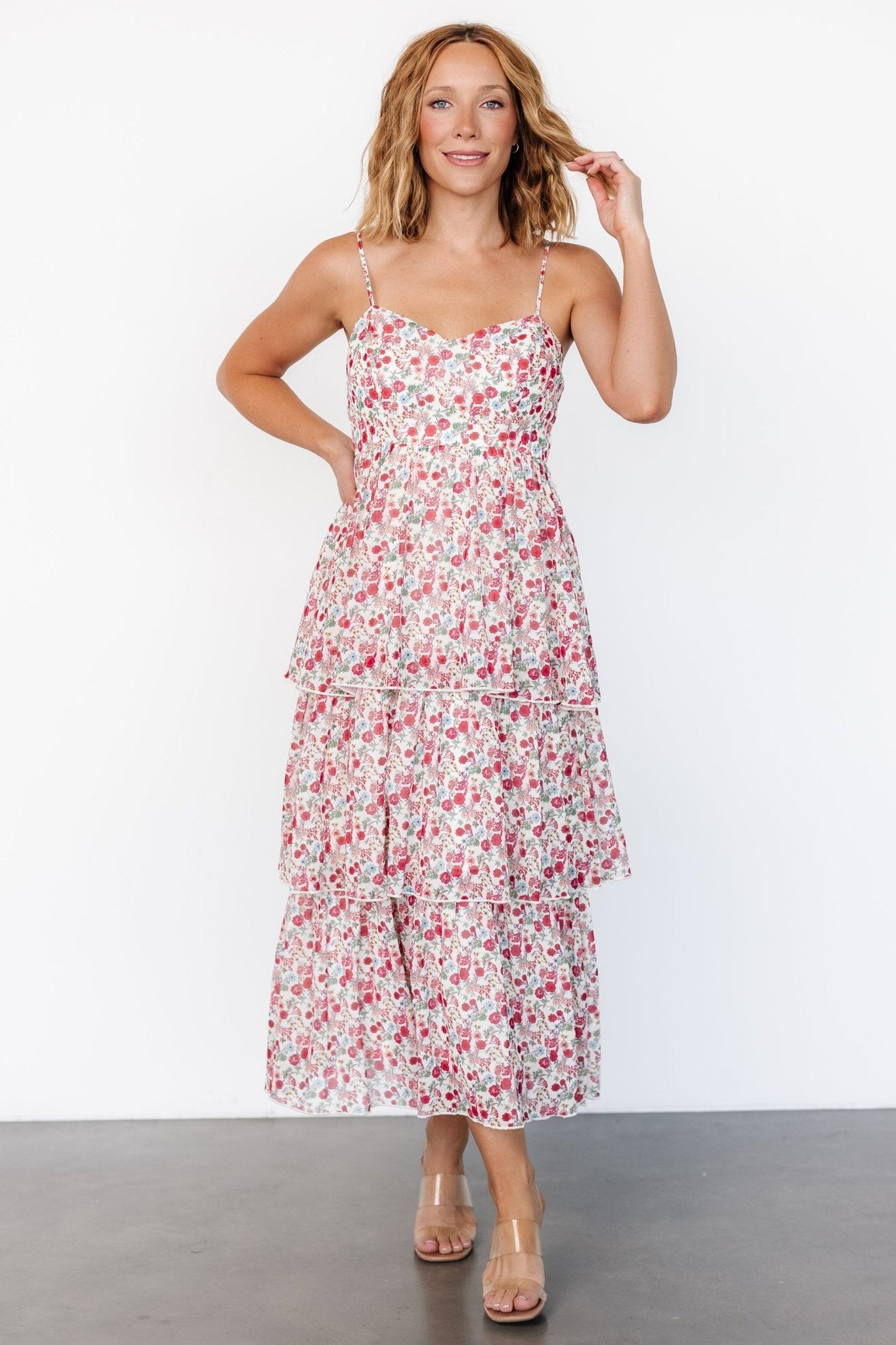 Baltic Born Floral Tiered Dress with Sweetheart Neckline | Cream Multi