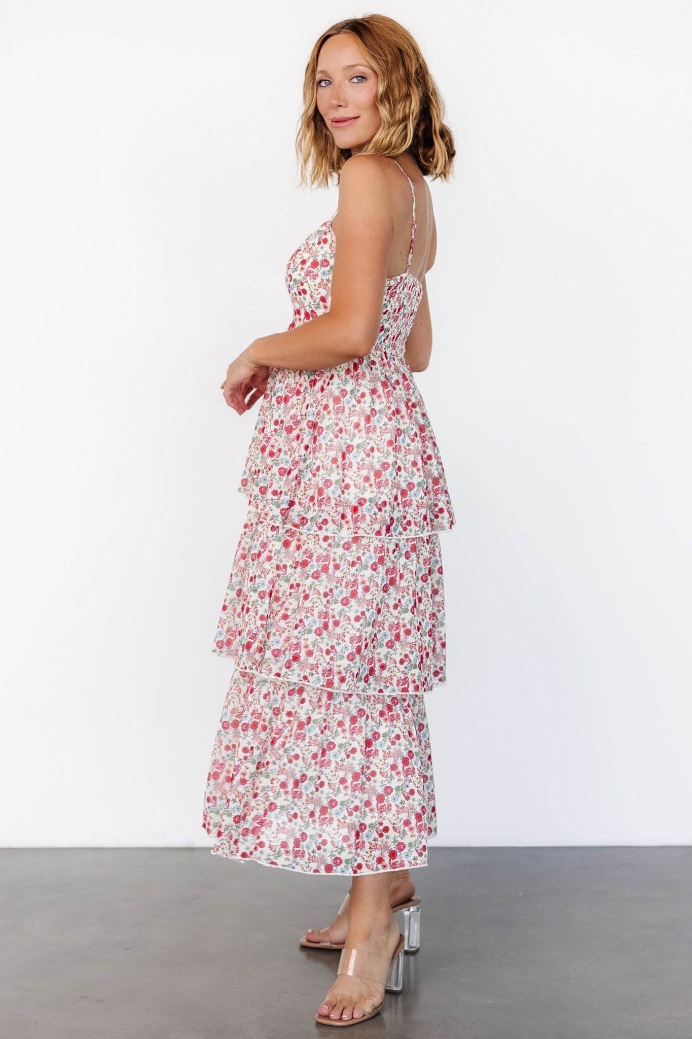 Baltic Born Floral Tiered Dress with Sweetheart Neckline | Cream Multi
