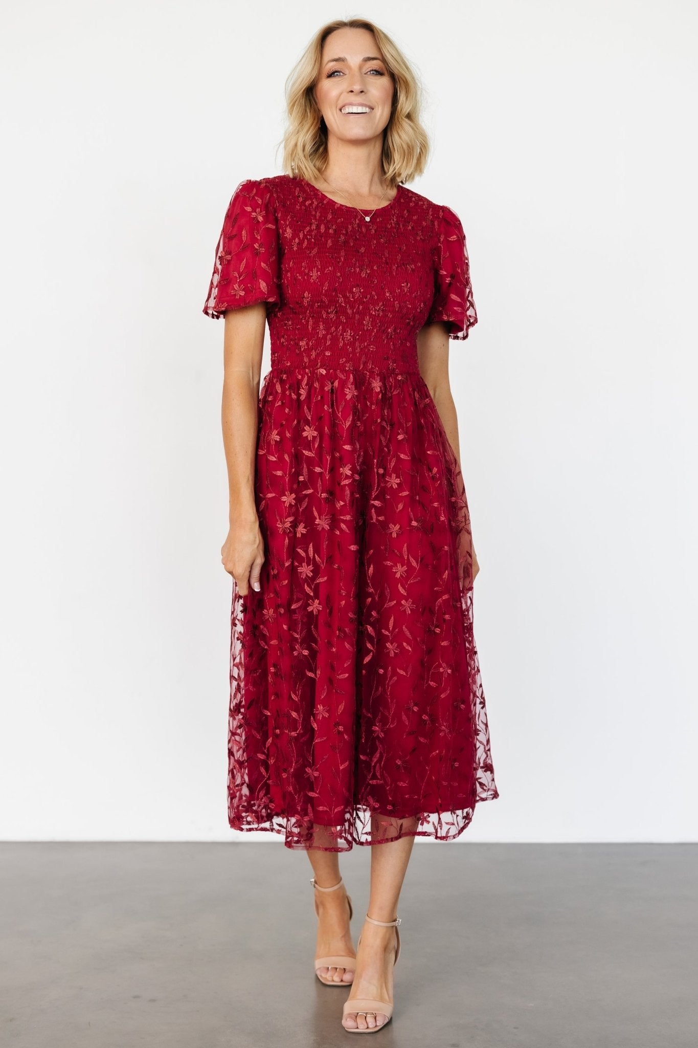 Ruby Red Embroidered Midi Dress with Flutter Sleeves – Baltic Born