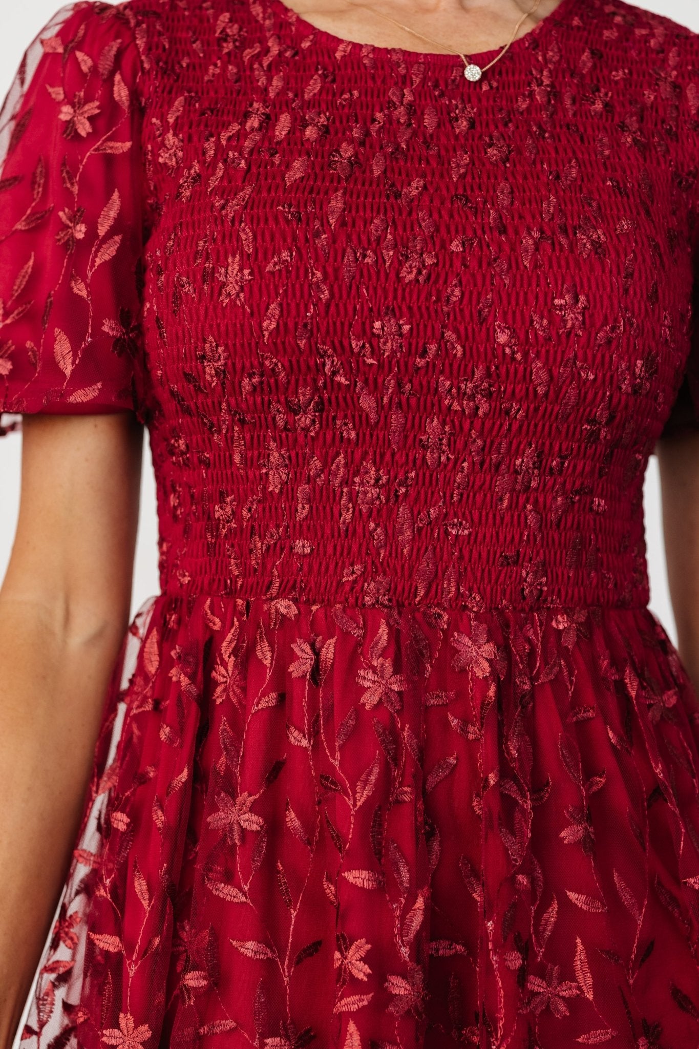 Ruby Red Embroidered Midi Dress with Flutter Sleeves – Baltic Born