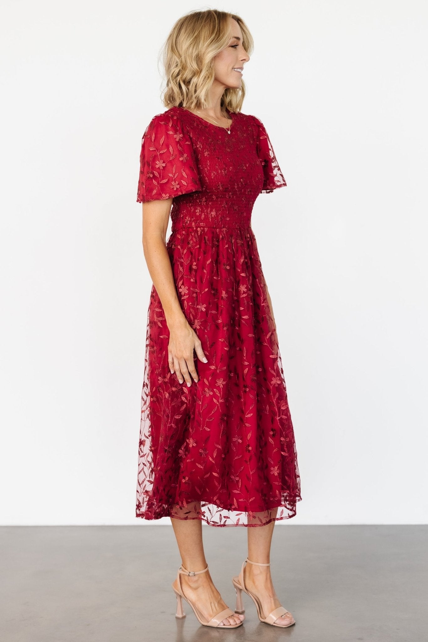 Ruby Red Embroidered Midi Dress with Flutter Sleeves – Baltic Born
