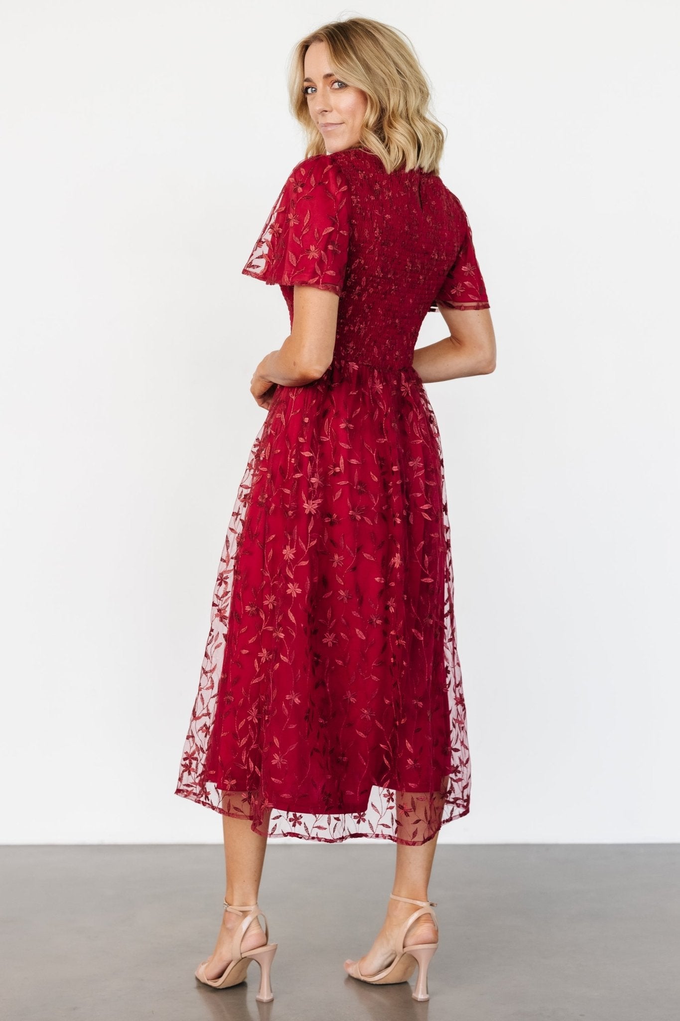 Ruby Red Embroidered Midi Dress with Flutter Sleeves – Baltic Born
