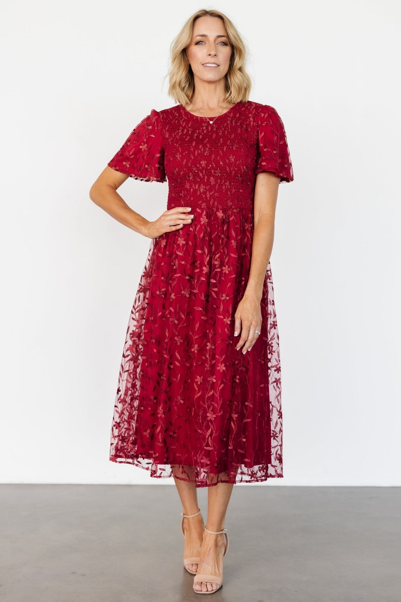 Ruby Red Embroidered Midi Dress with Flutter Sleeves – Baltic Born