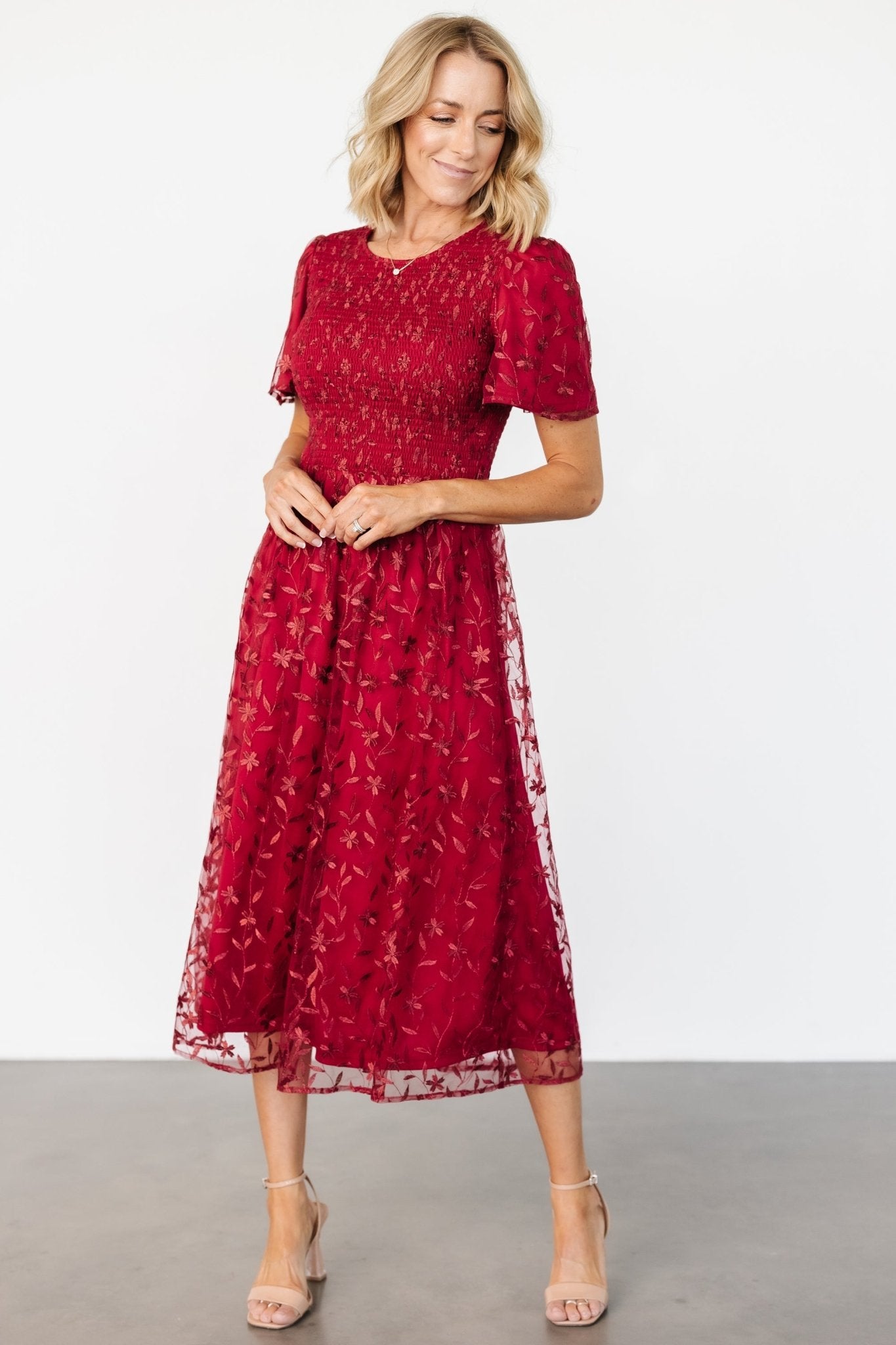 Ruby Red Embroidered Midi Dress with Flutter Sleeves – Baltic Born