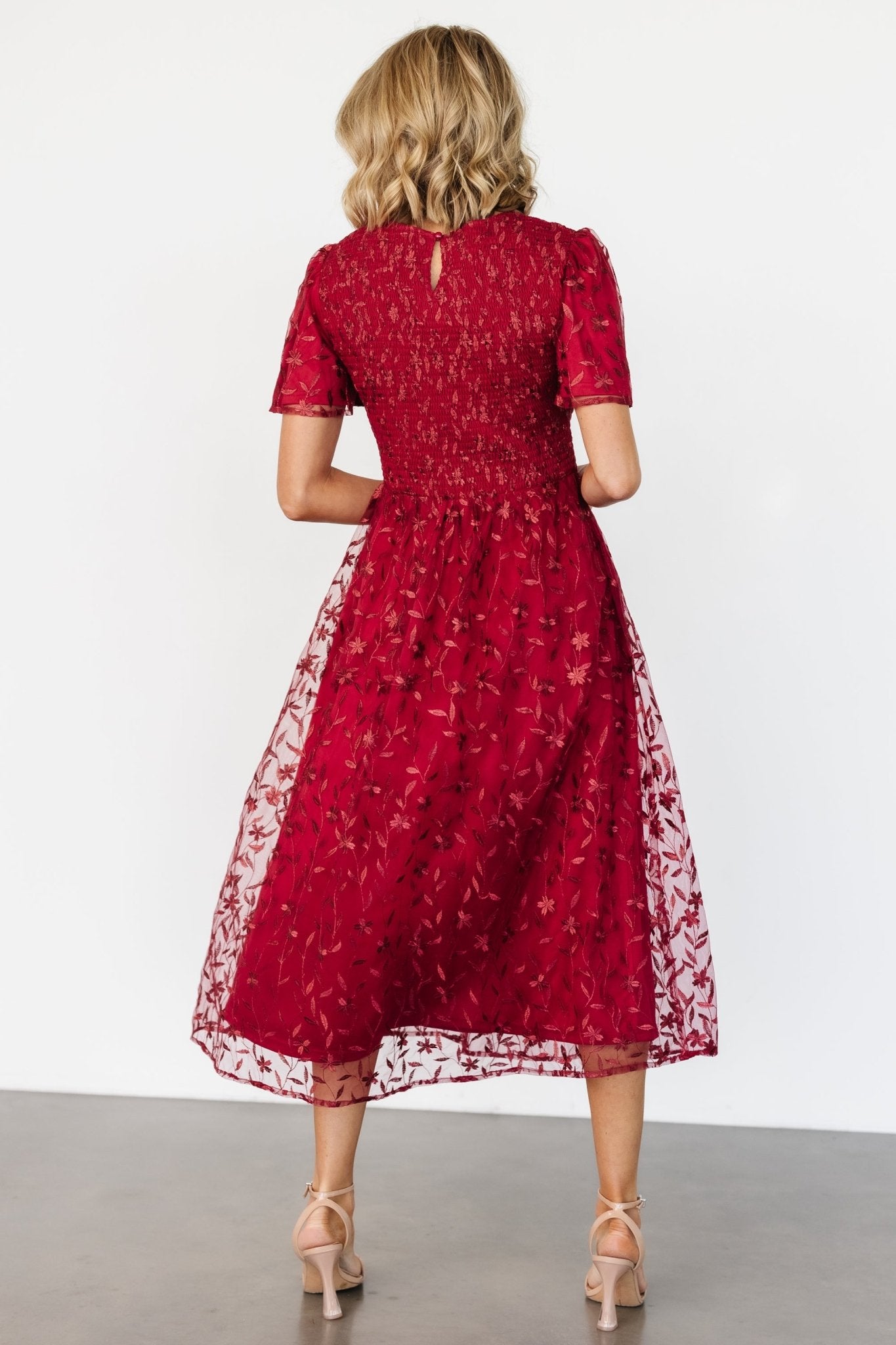 Ruby Red Embroidered Midi Dress with Flutter Sleeves – Baltic Born