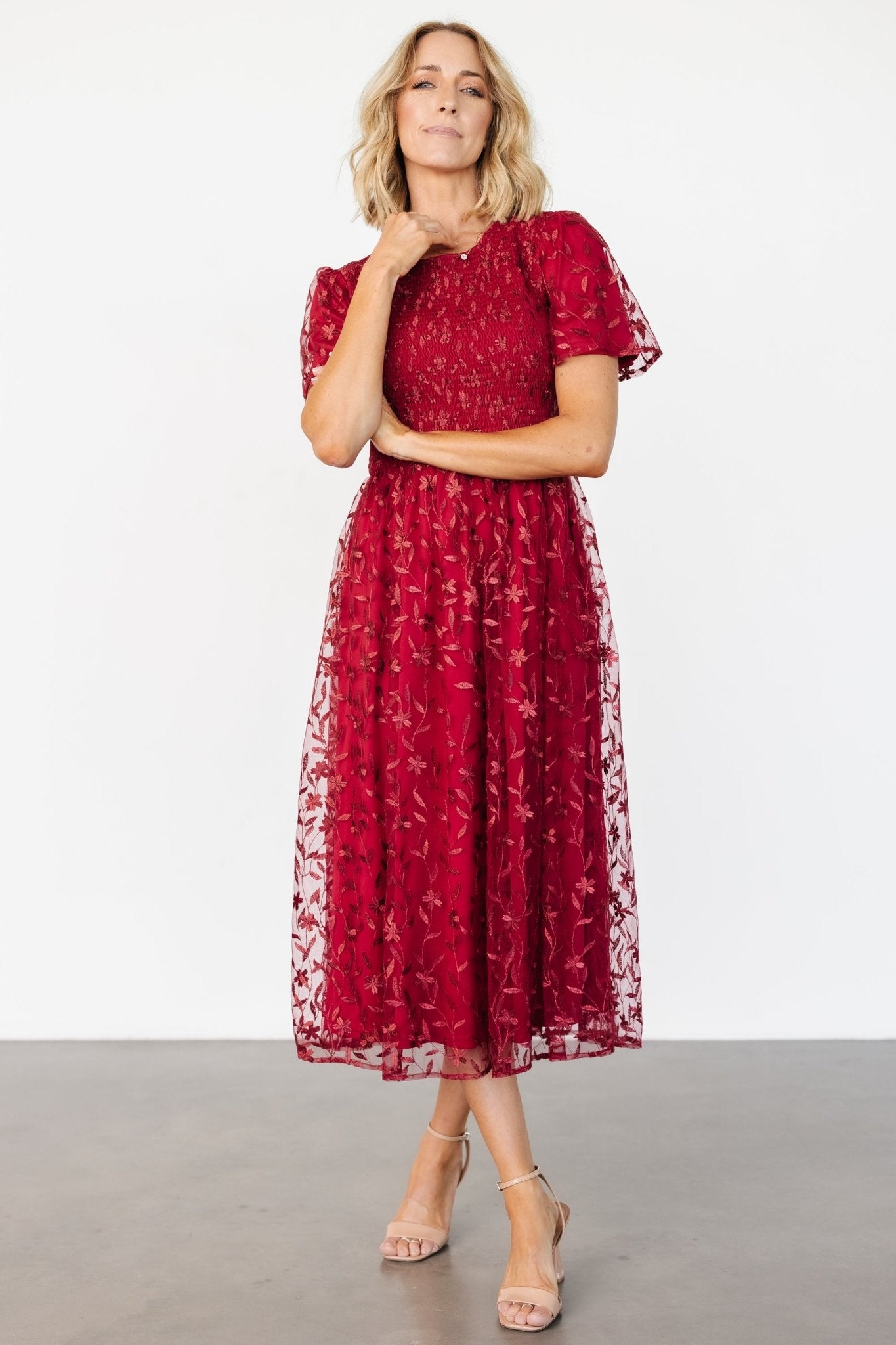 Ruby Red Embroidered Midi Dress with Flutter Sleeves – Baltic Born