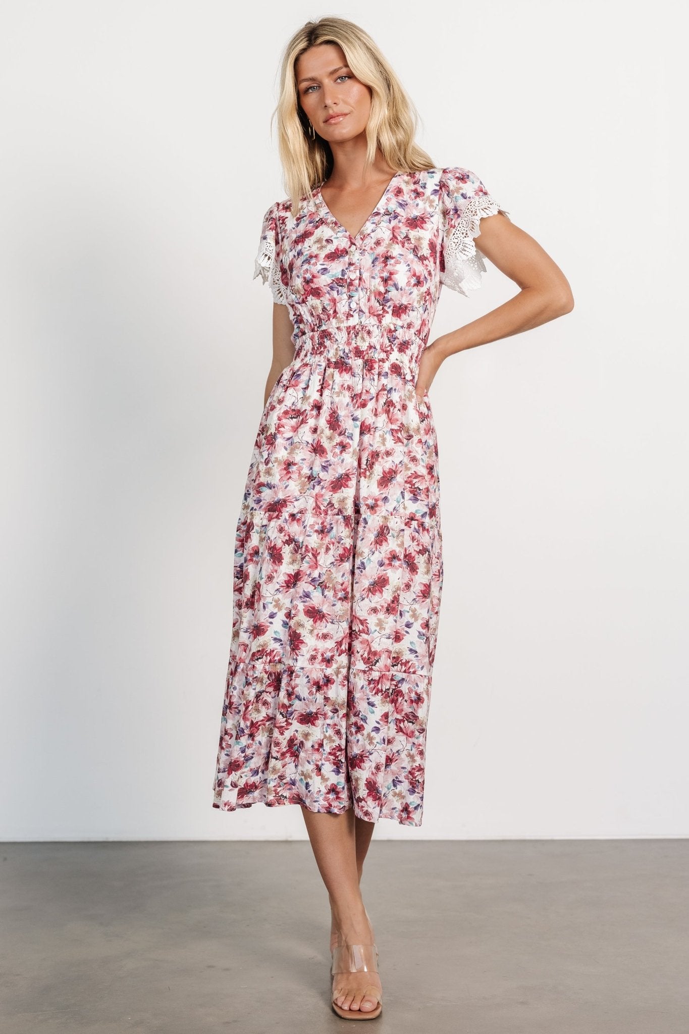 Berry Floral V-Neck Midi Dress with Lace Detailing – Baltic Born
