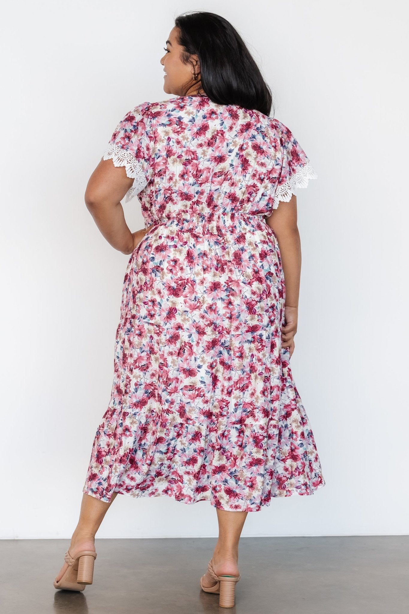 Berry Floral V-Neck Midi Dress with Lace Detailing – Baltic Born