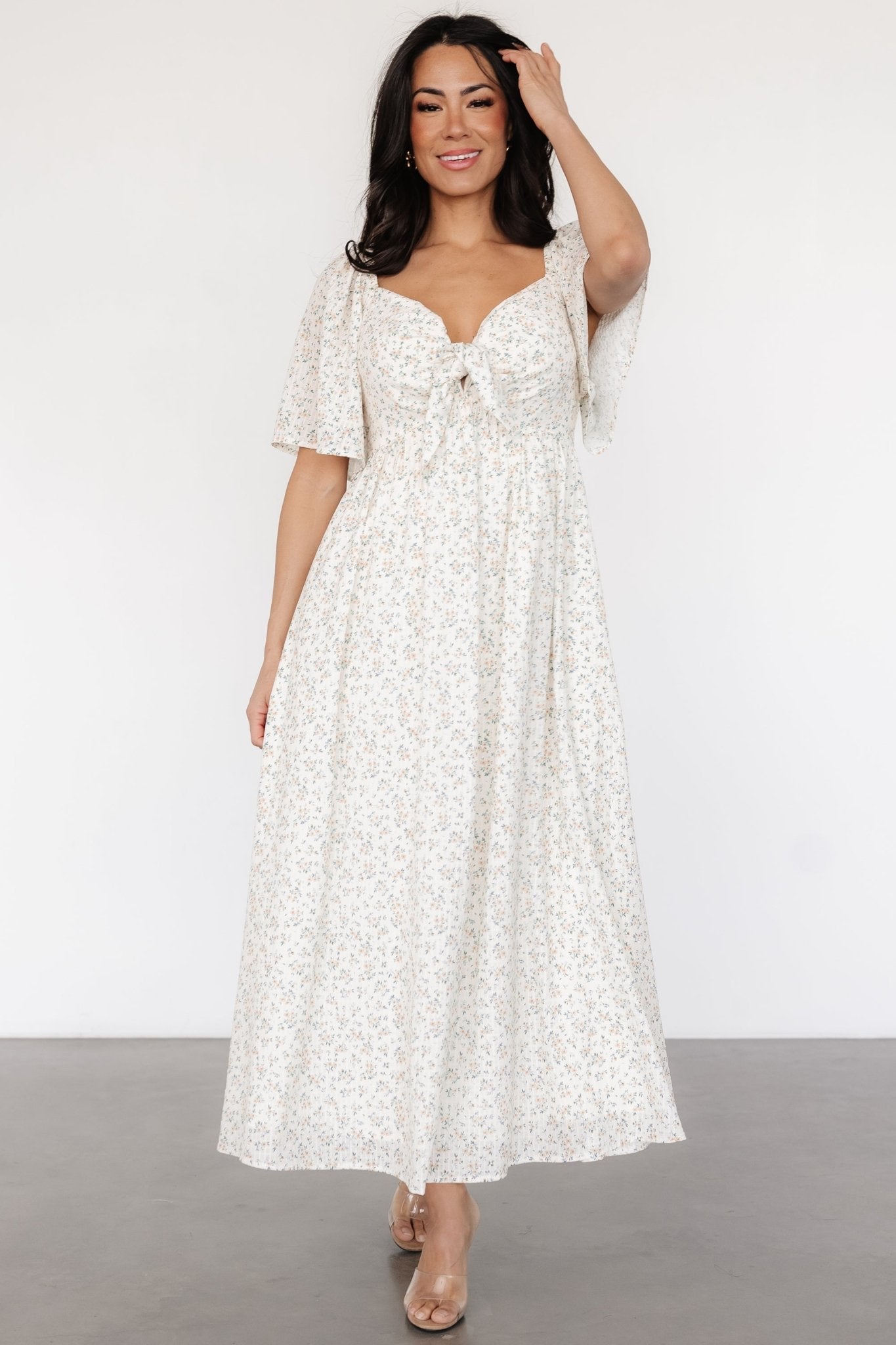 Off White Gold Floral Tie Dress with Hidden Pockets