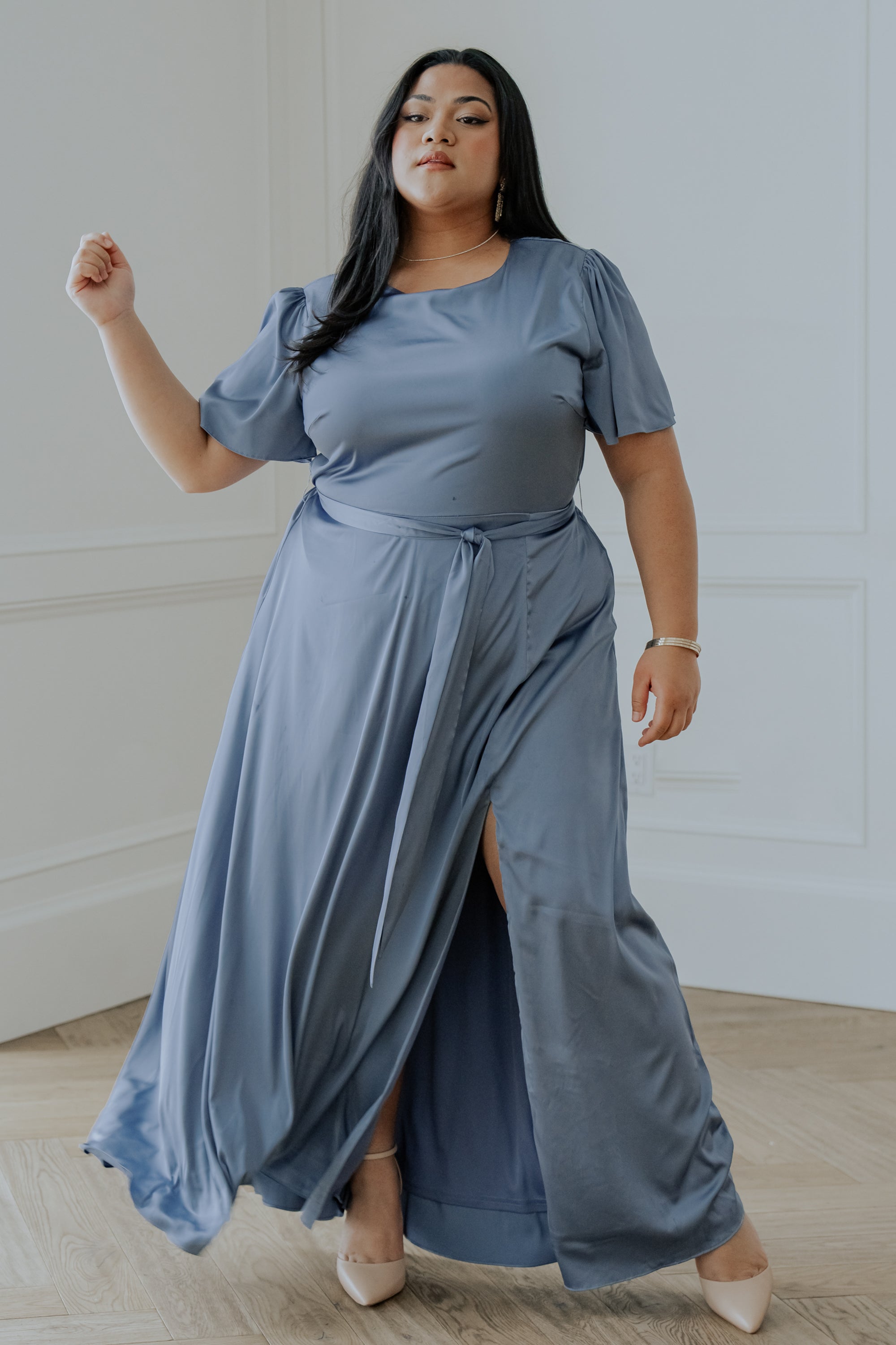 Whisper Blue Satin Maxi Dress with Slit & Removable Belt – Baltic Born