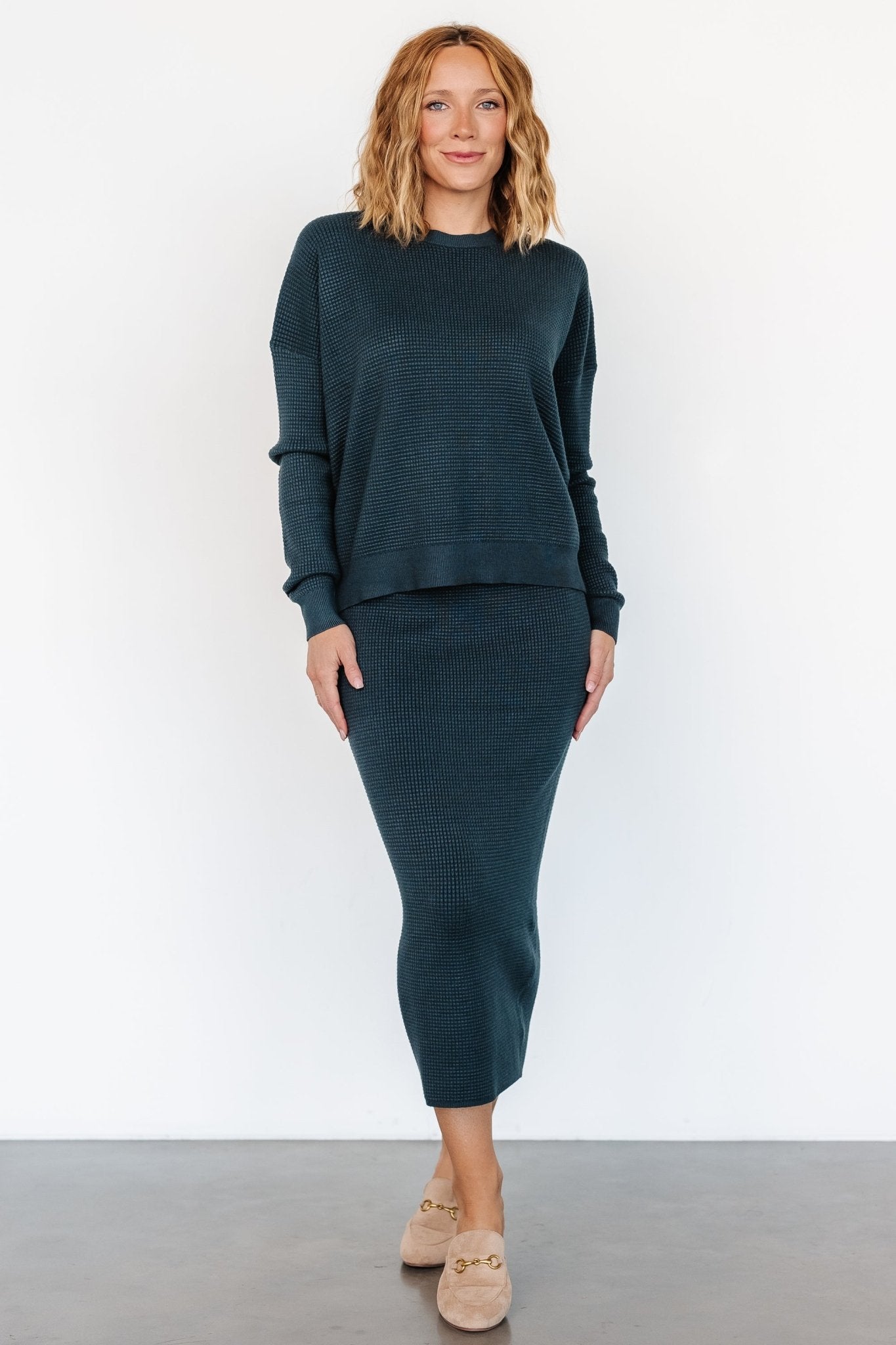 Carey Stretch Waffle Knit Midi Skirt in Midnight Blue