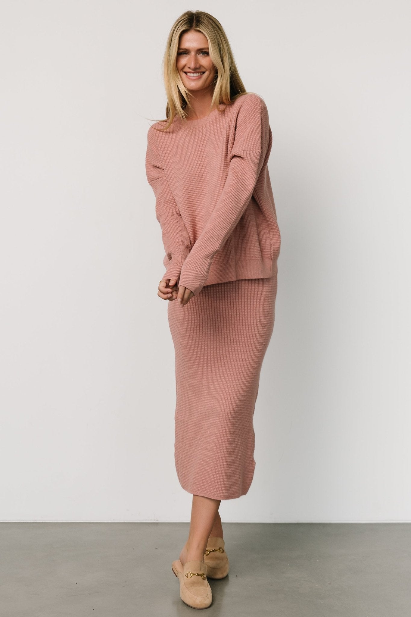 Rose Pink Waffle Knit Midi Skirt - Stretchy & Fitted Carey Skirt