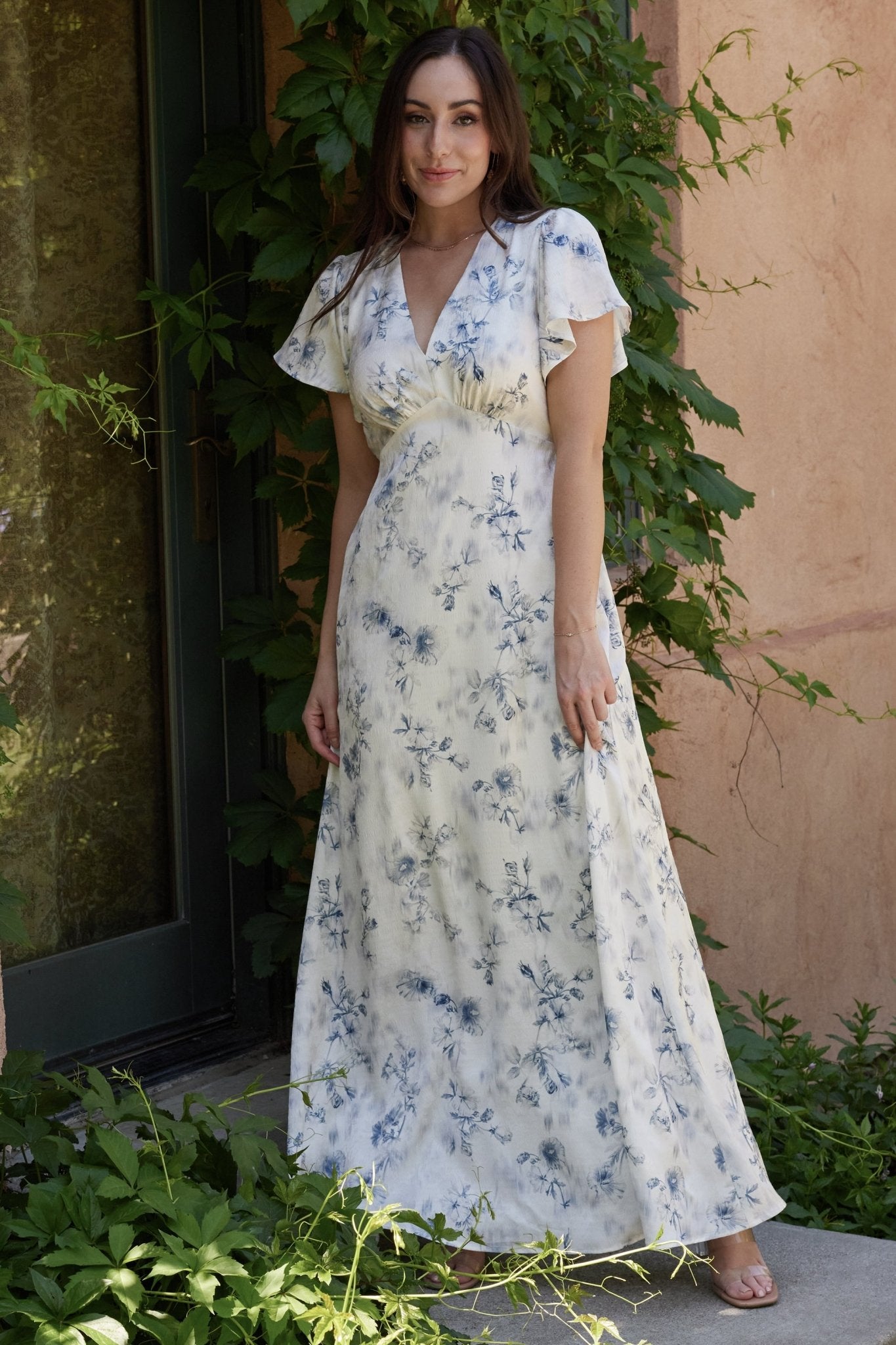 Off White Blue Floral Maxi Dress with V-Neck & Keyhole Back
