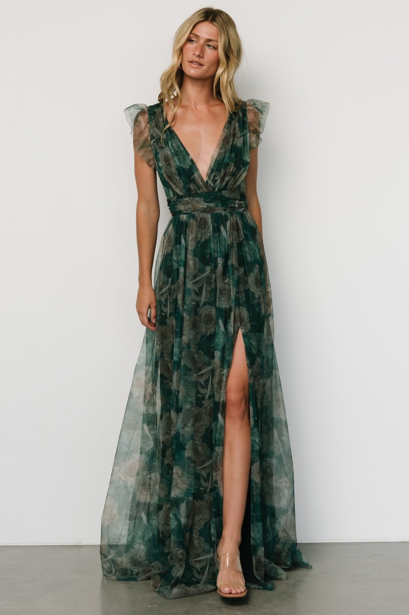 Emerald Green Floral Maxi Dress with V-Neck & Leg Slit – Baltic Born