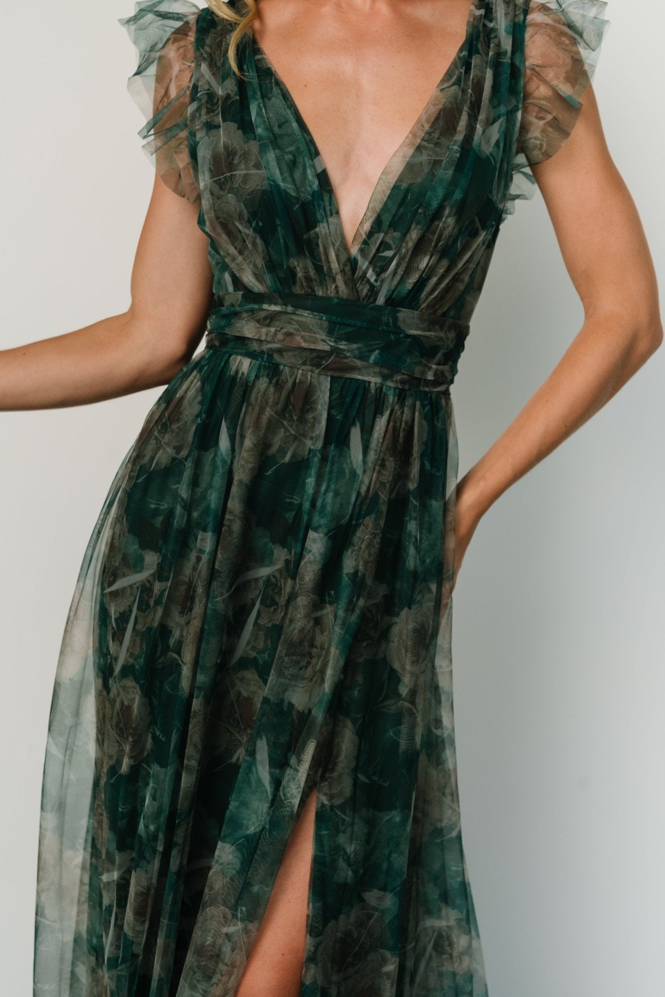 Emerald Green Floral Maxi Dress with V-Neck & Leg Slit – Baltic Born