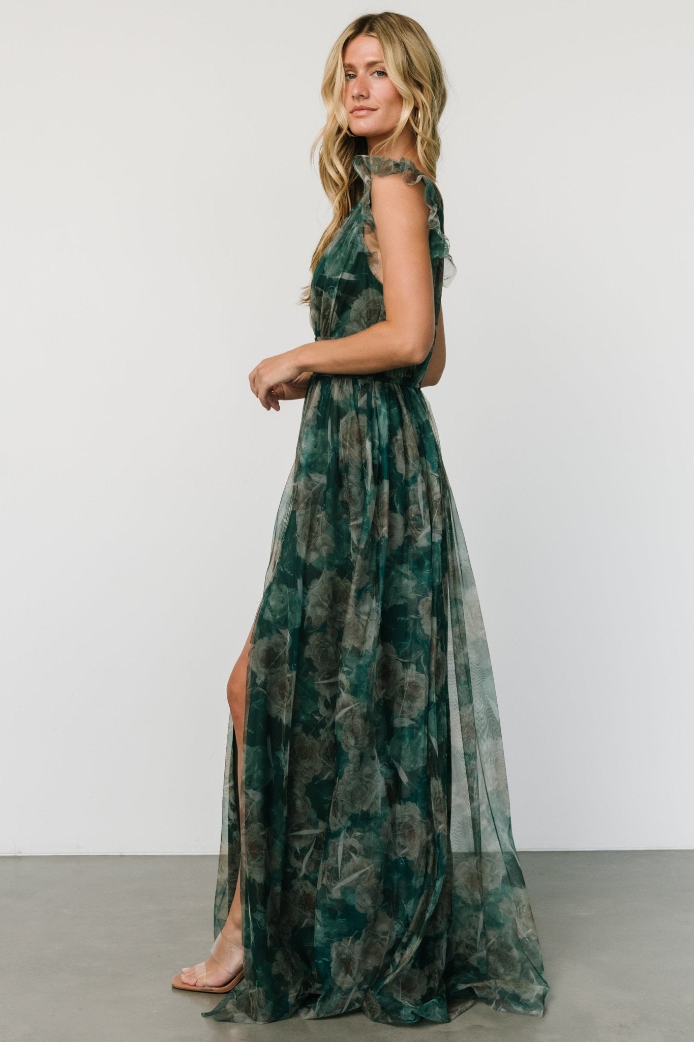 Emerald Green Floral Maxi Dress with V-Neck & Leg Slit – Baltic Born