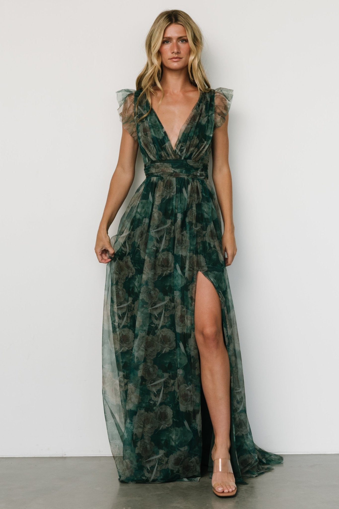 Emerald Green Floral Maxi Dress with V-Neck & Leg Slit – Baltic Born