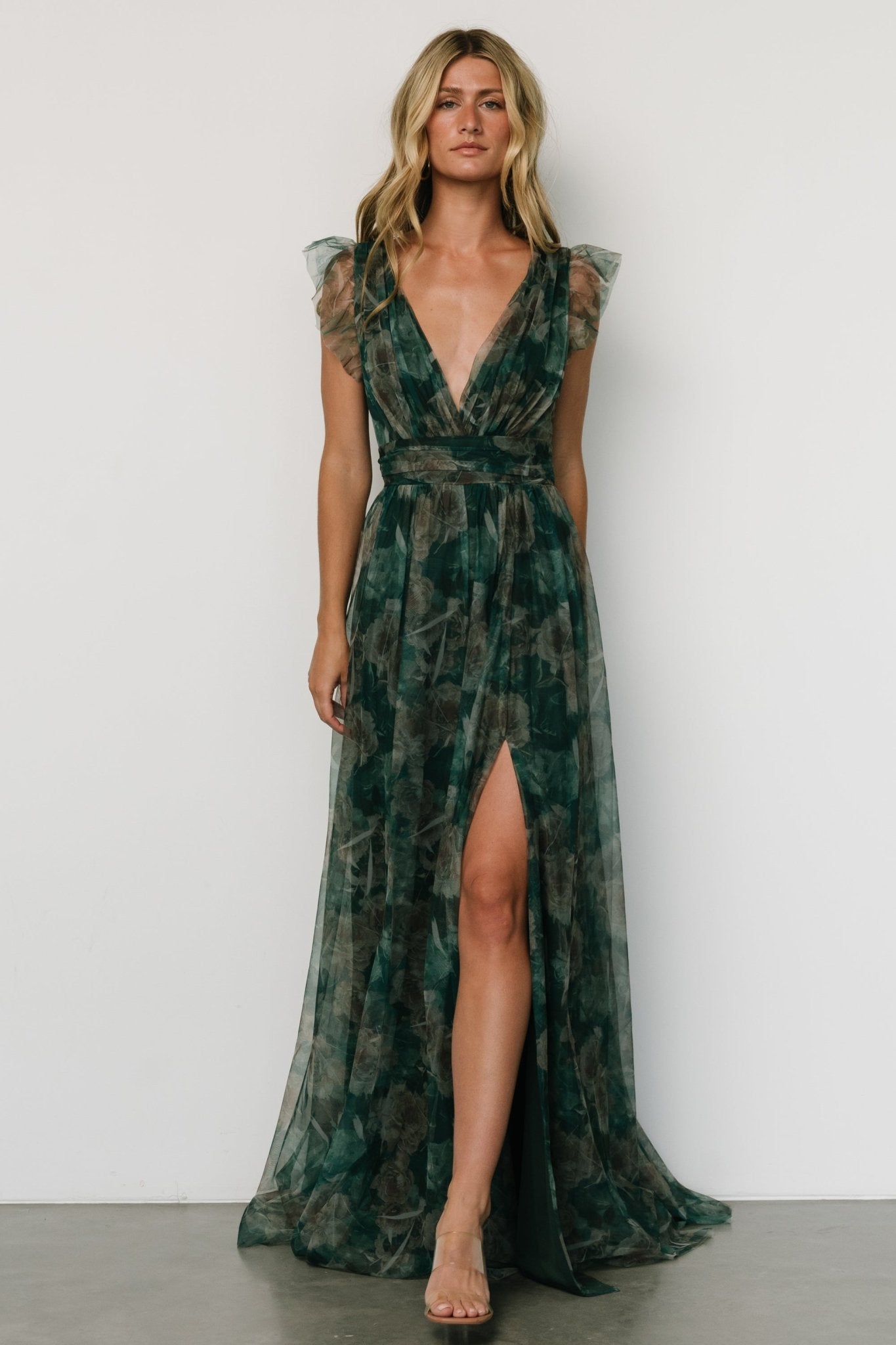 Emerald Green Floral Maxi Dress with V-Neck & Leg Slit – Baltic Born