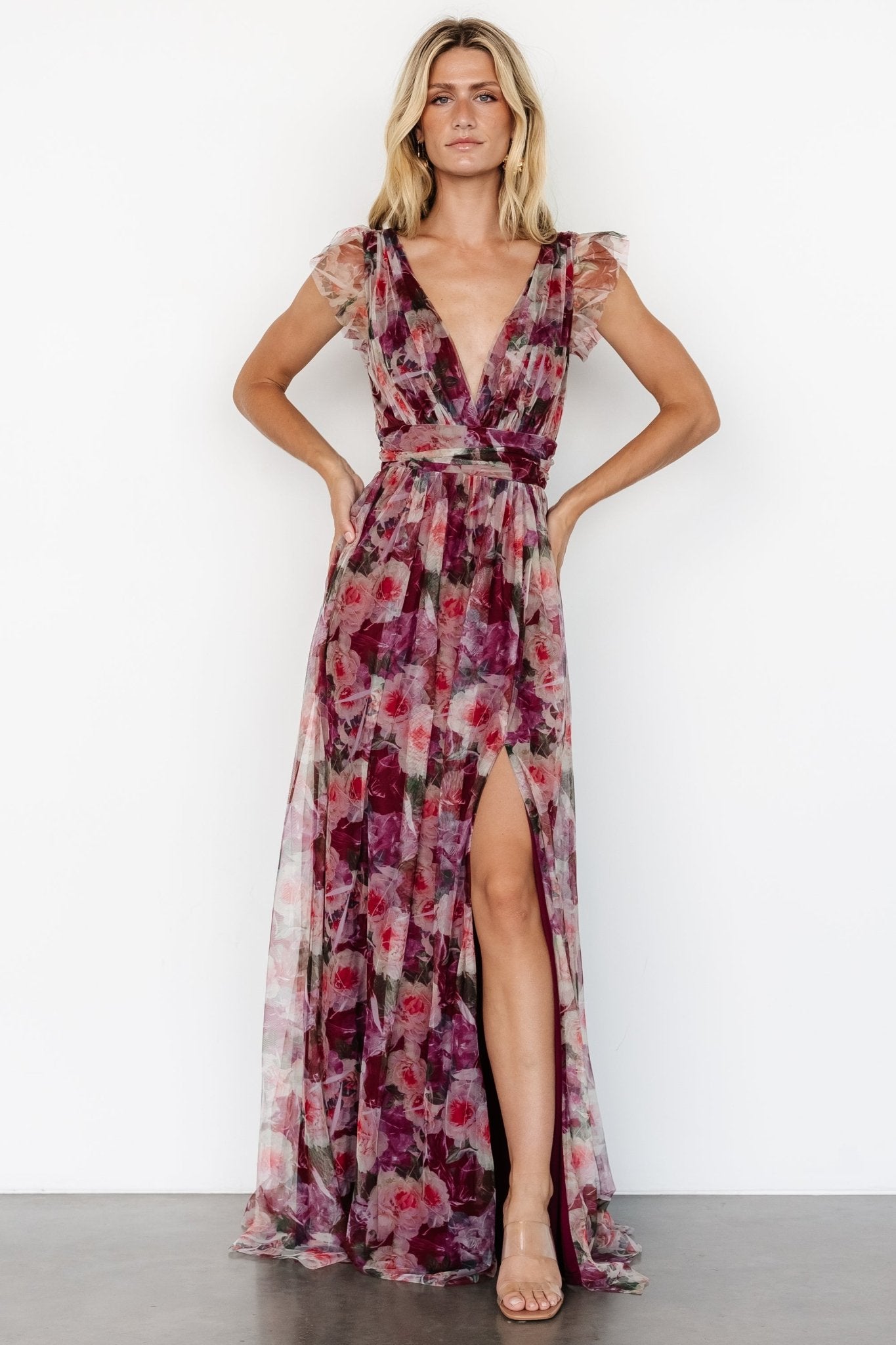 Baltic Born Carmine Wine Floral Maxi Dress with V-Neck & Slit
