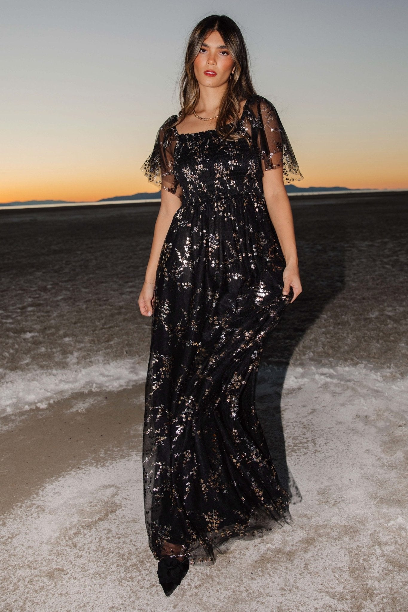 Black Metallic Floral Tulle Maxi Dress with Smocked Bodice - Baltic Born