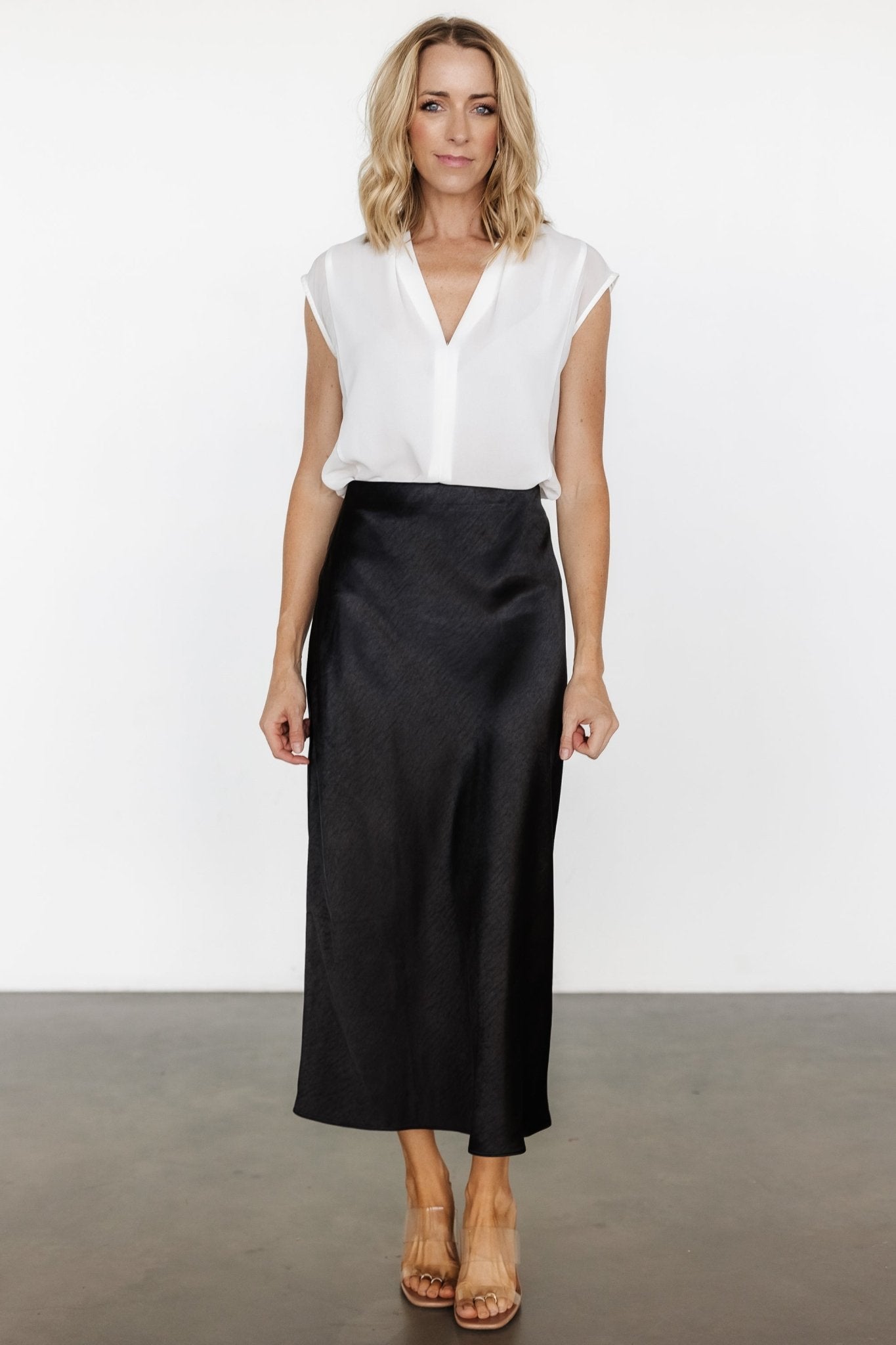 Black Satin Midi Skirt with Hidden Waistband – Baltic Born