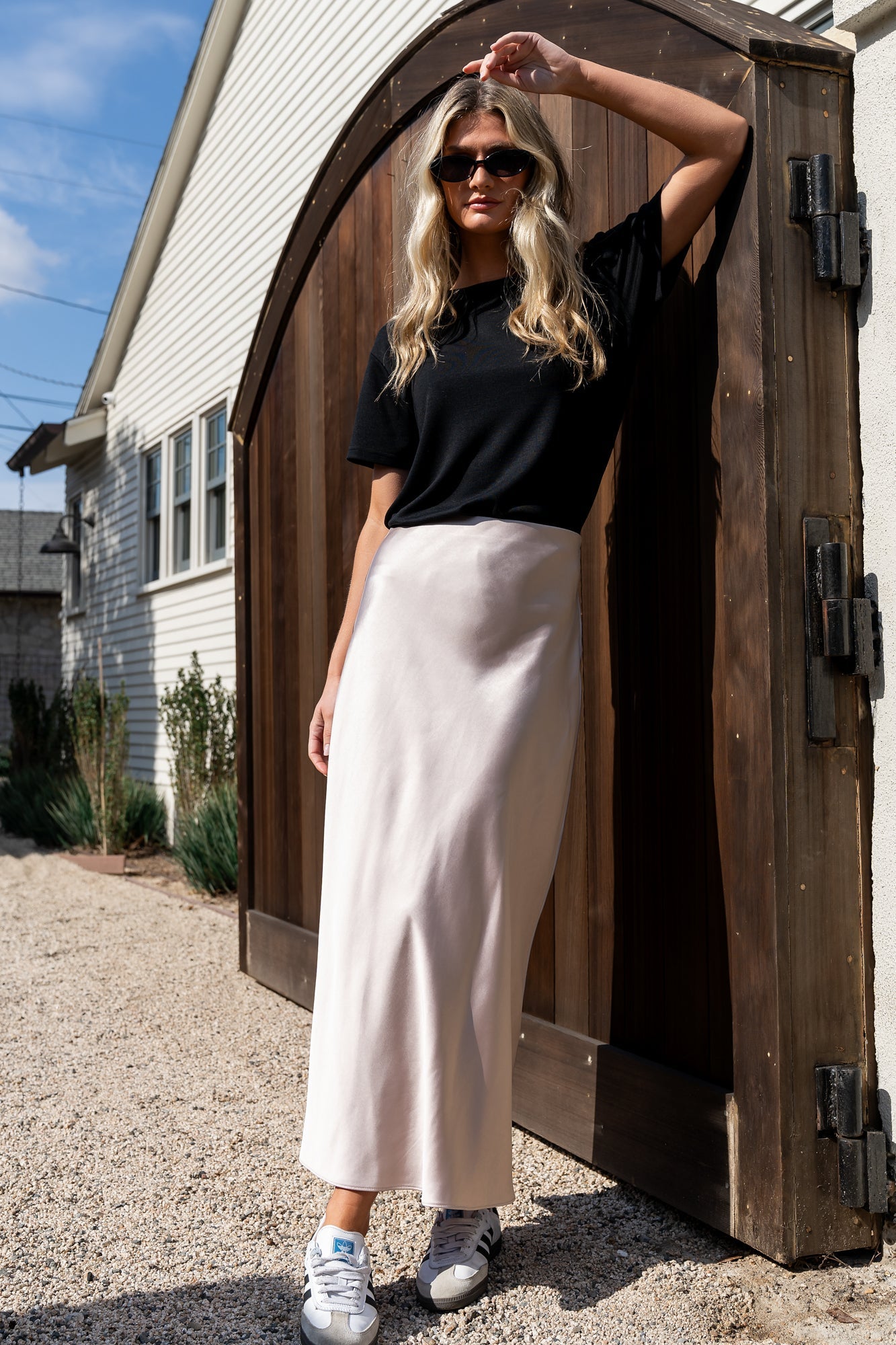 Champagne Satin Midi Skirt by Baltic Born | Elegant Bias Cut