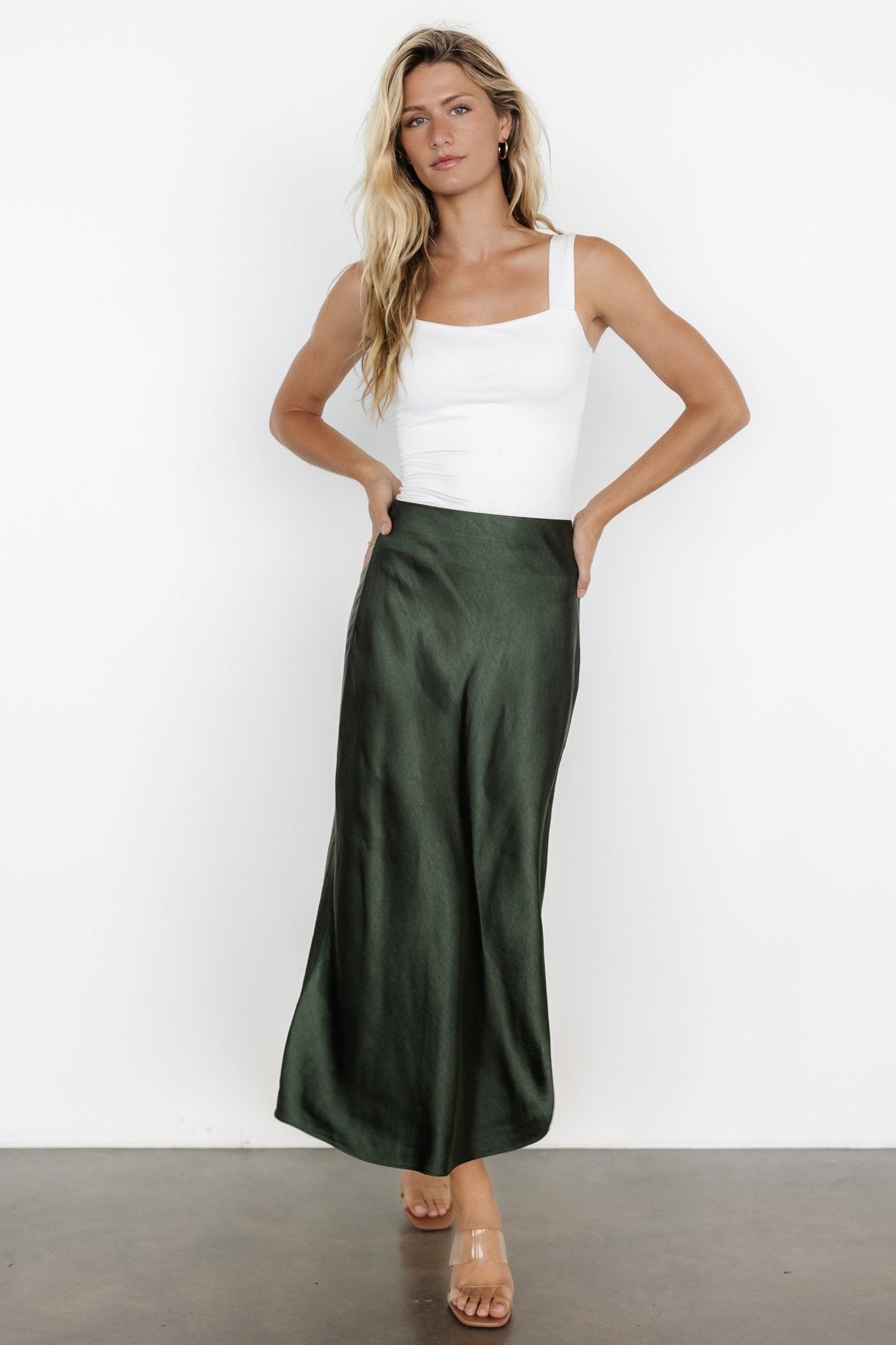 Dark Green Satin Midi Skirt – Baltic Born Bias Cut with Hidden Waistband
