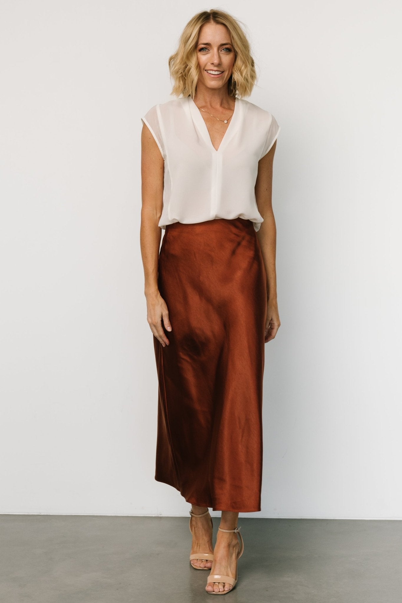 Celeste Satin Midi Skirt in Rust with Hidden Waistband