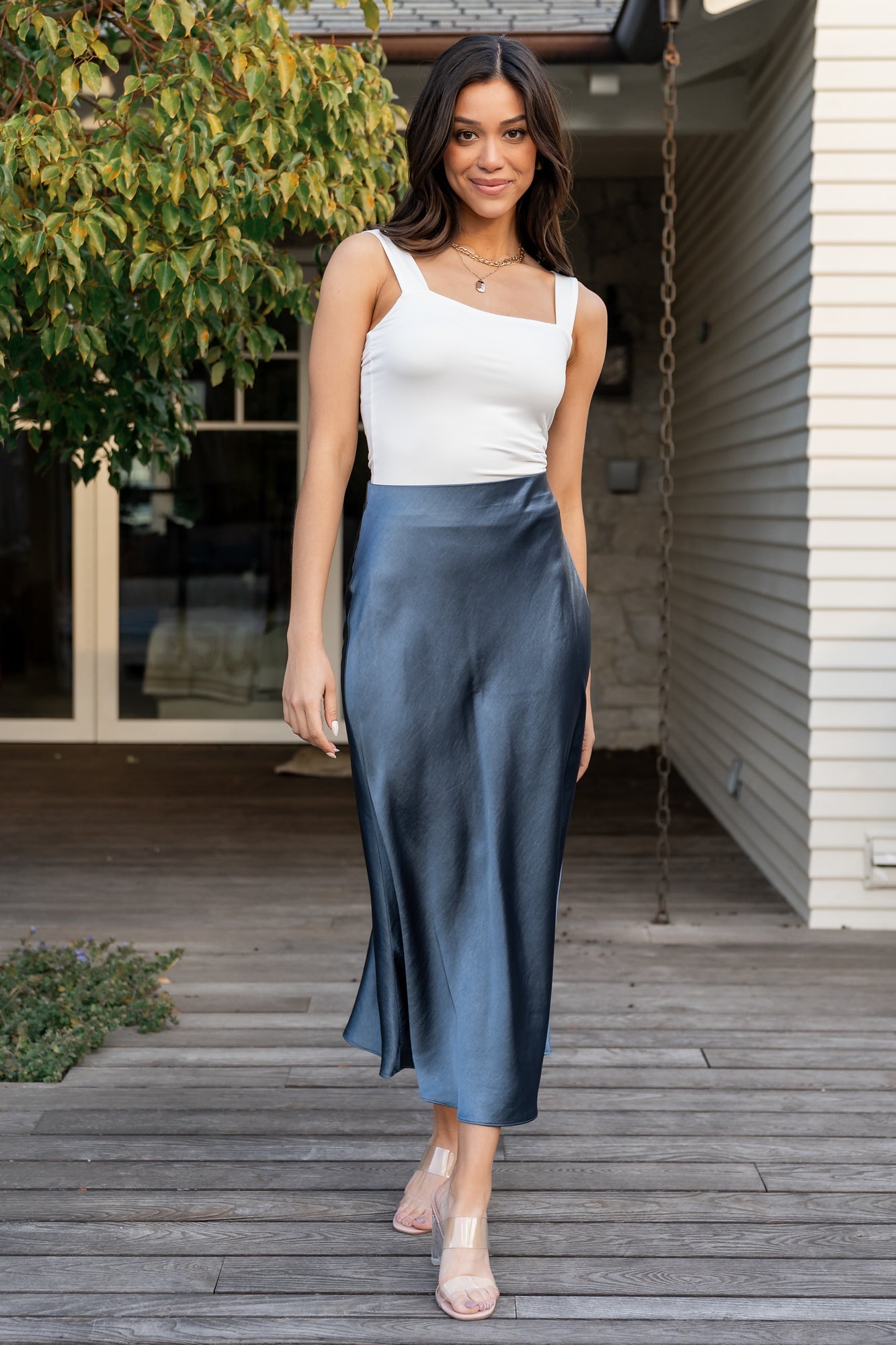 Steel Blue Satin Midi Skirt with Hidden Waistband - Baltic Born