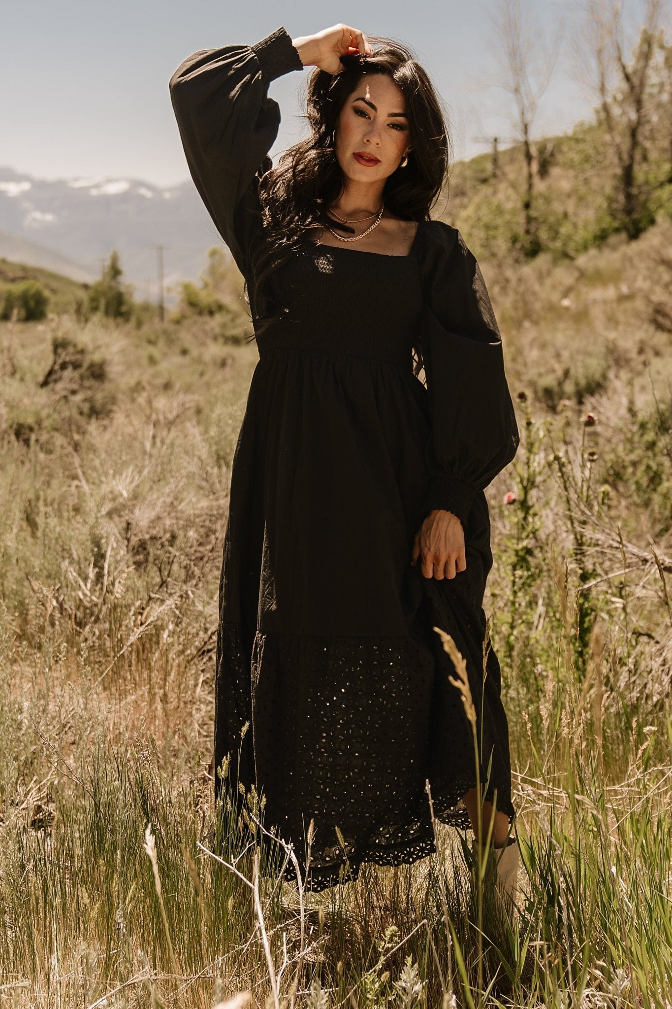 Black Eyelet Maxi Dress with Smocked Bodice & Hidden Pockets | Baltic Born