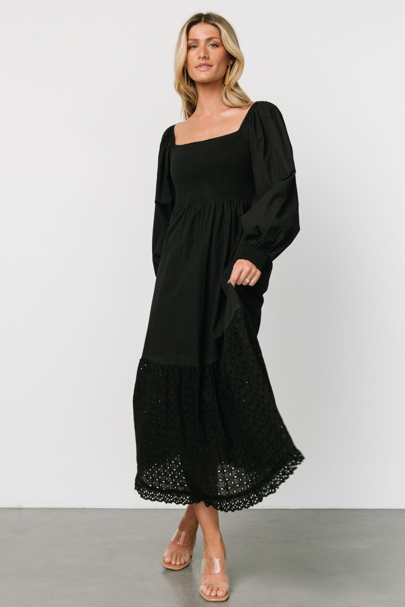 Black Eyelet Maxi Dress with Smocked Bodice & Hidden Pockets | Baltic Born