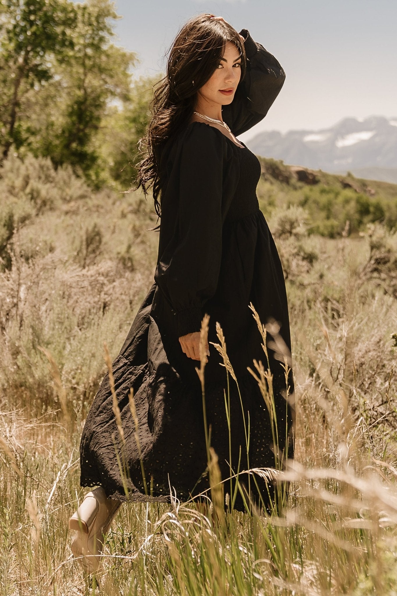Black Eyelet Maxi Dress with Smocked Bodice & Hidden Pockets | Baltic Born