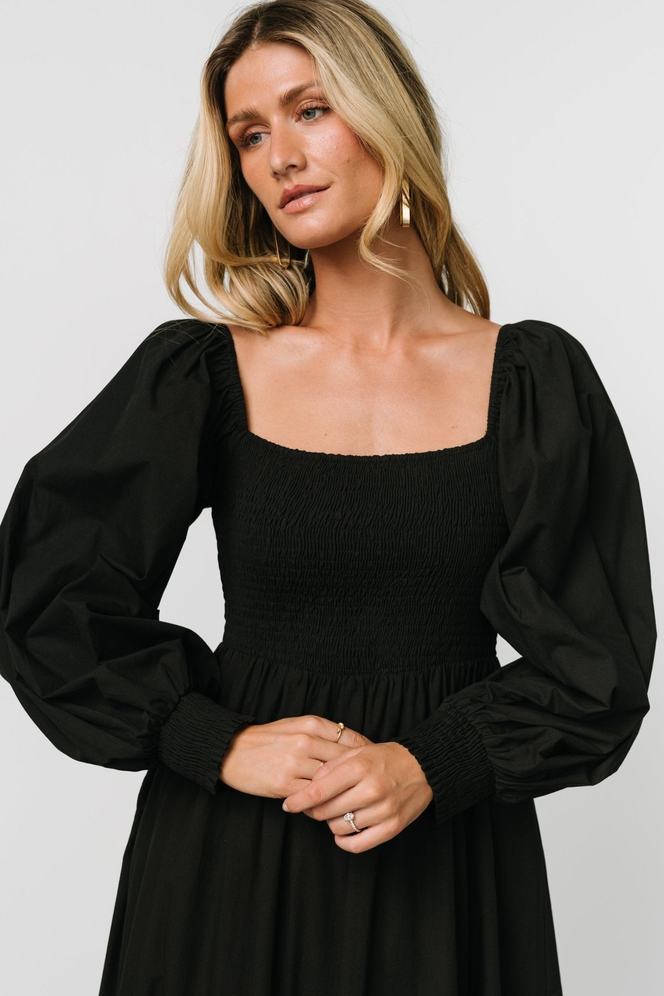 Black Eyelet Maxi Dress with Smocked Bodice & Hidden Pockets | Baltic Born