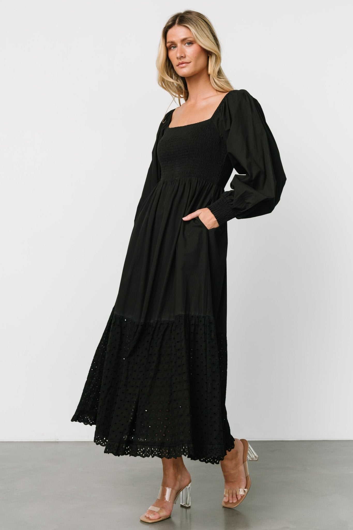 Black Eyelet Maxi Dress with Smocked Bodice & Hidden Pockets | Baltic Born