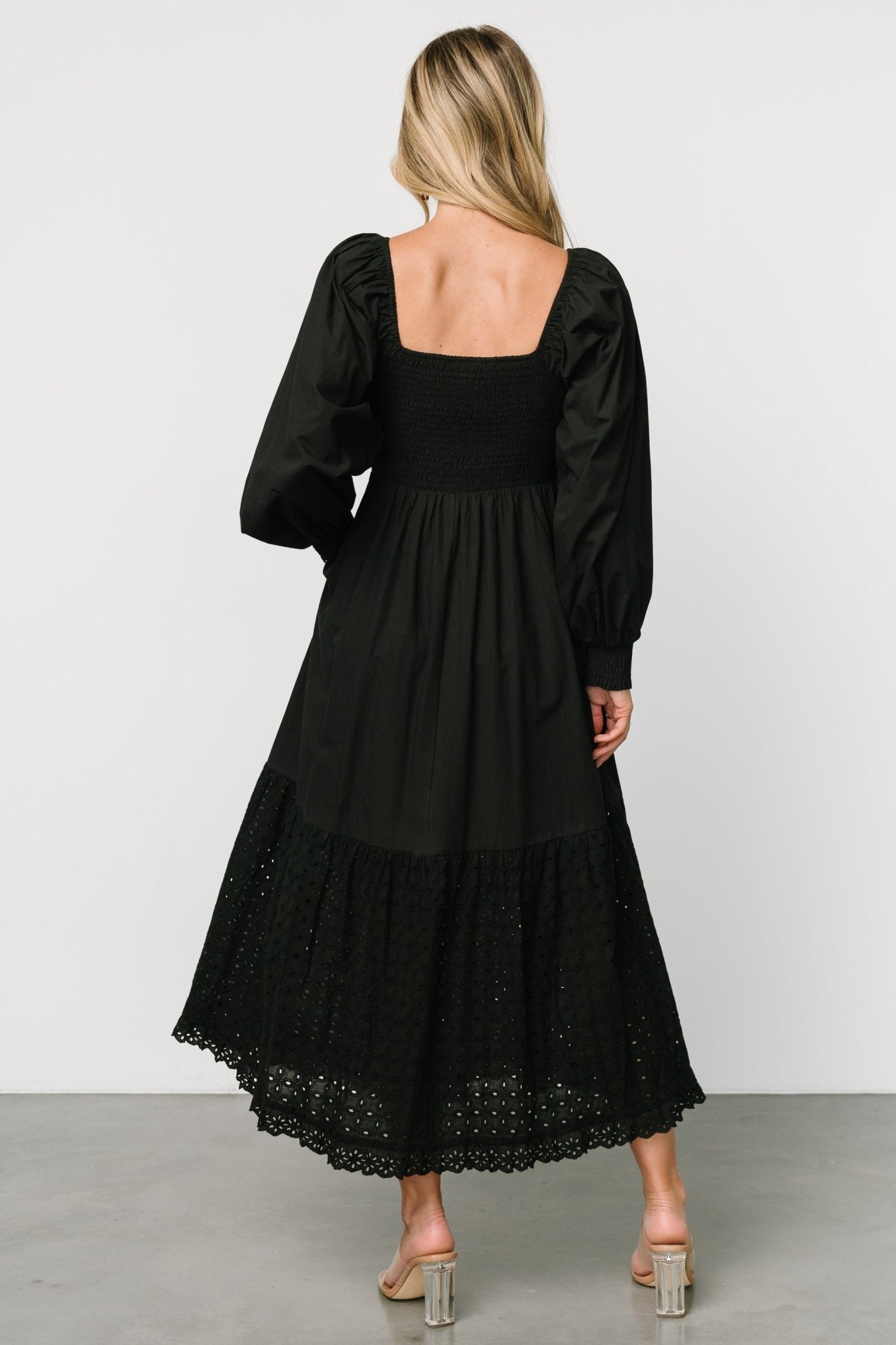 Black Eyelet Maxi Dress with Smocked Bodice & Hidden Pockets | Baltic Born