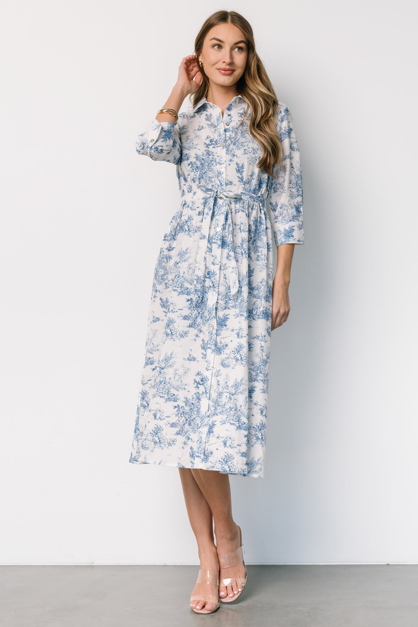 Chantelle Cotton Button Midi Dress with Waist Sash - Blue Print