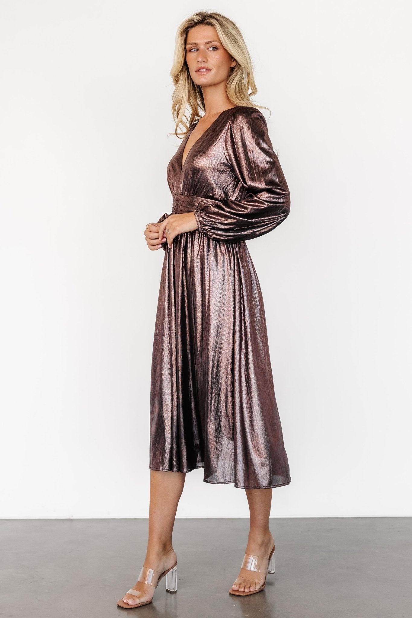 Bronze Shimmer Midi Dress with Puffed Sleeves – Aisha