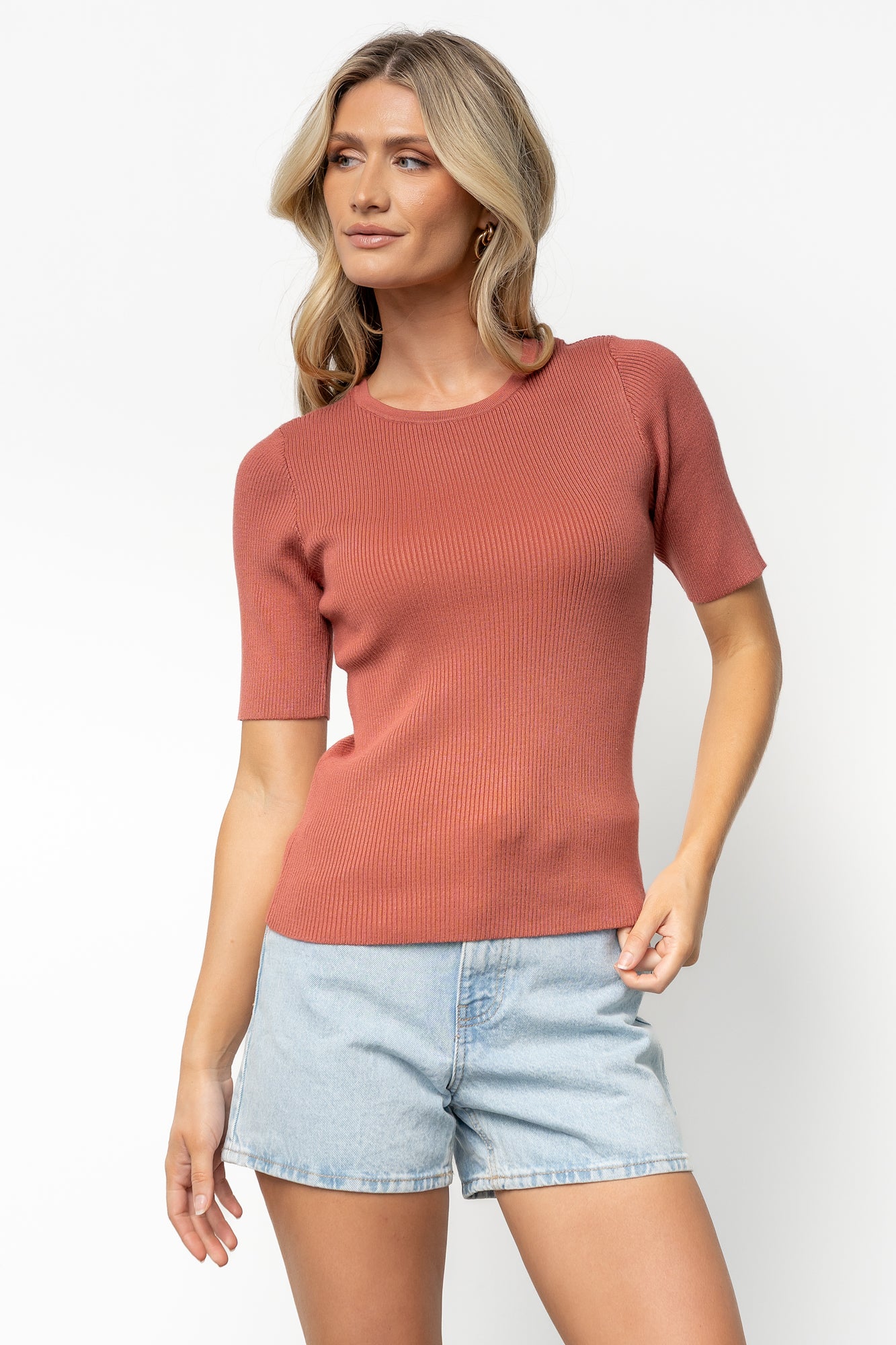 Chiara Ribbed Knit Top with Keyhole Detail - Brick