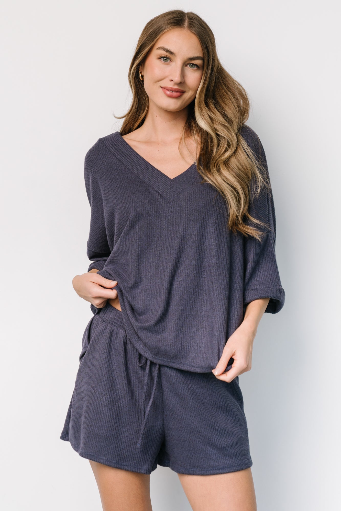 Navy Blue Oversized Lounge Top with V-Neck | Baltic Born