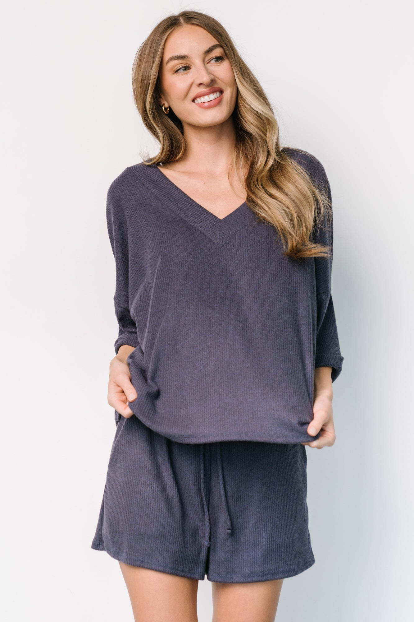 Navy Blue Oversized Lounge Top with V-Neck | Baltic Born