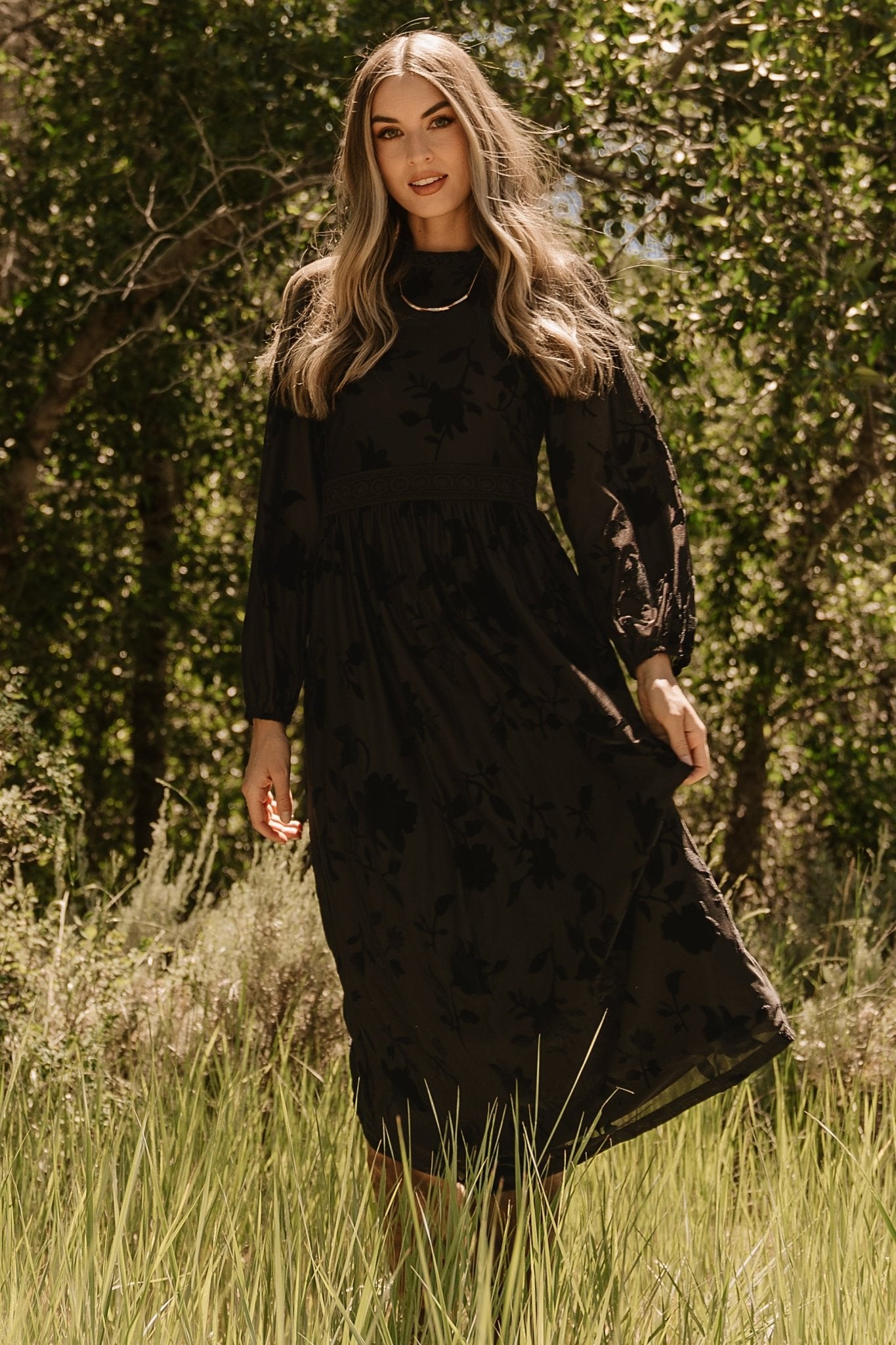 Black Velvet Embossed Midi Dress by Baltic Born | Long Sleeve